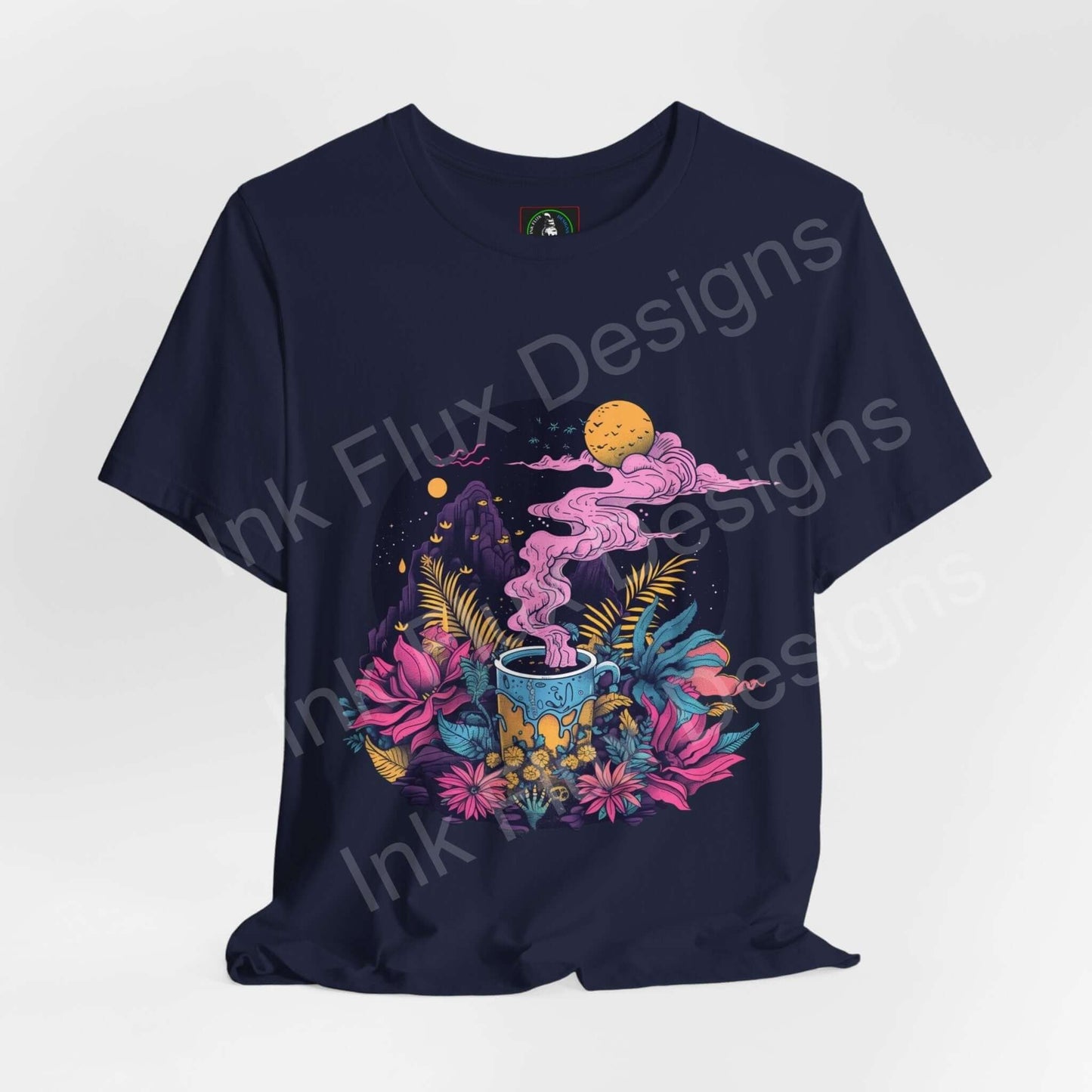 Trippy graphic tee with psychedelic floral and cosmic design on a dark blue unisex jersey, showcasing bold graphics and vibrant colors.