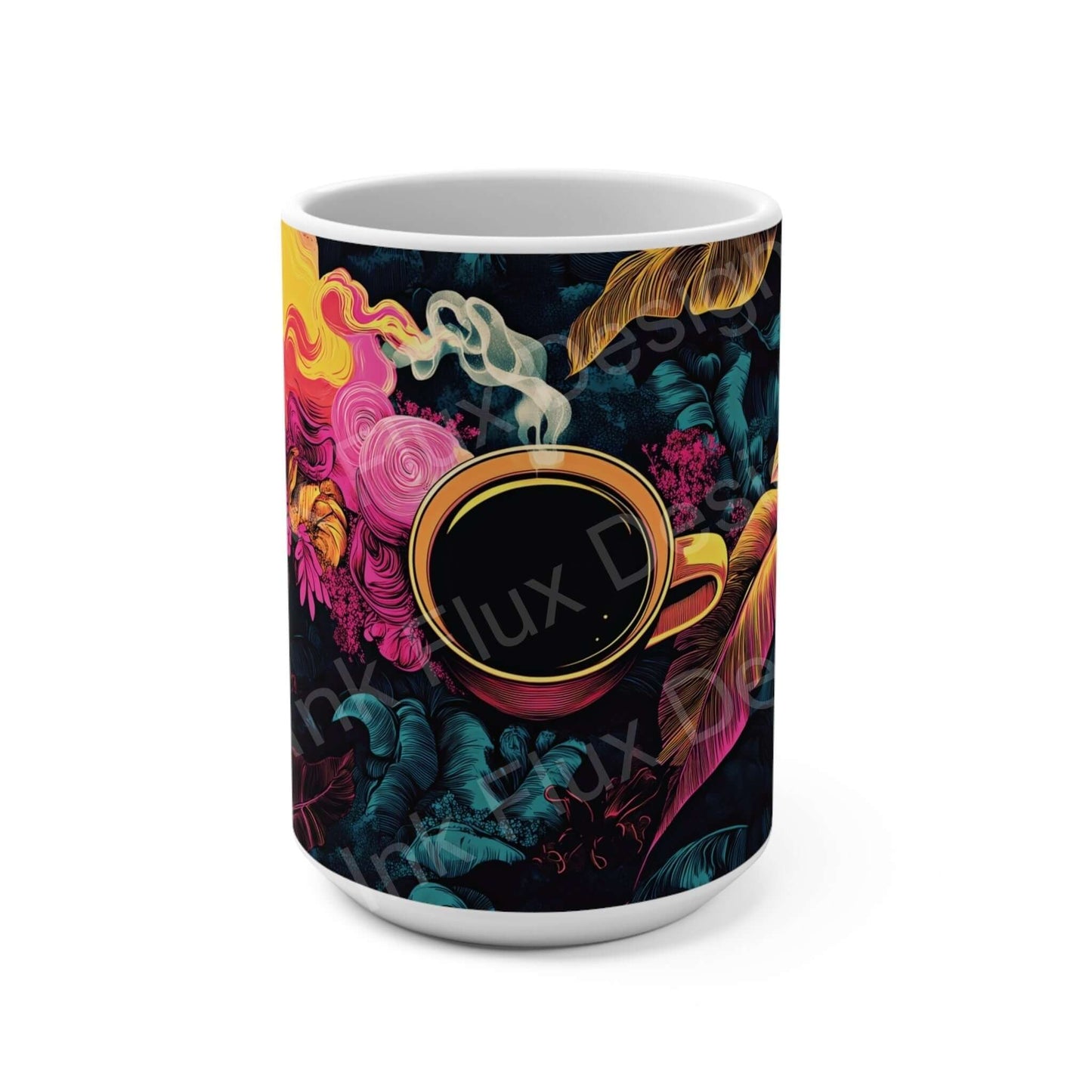15oz Magic Brew II coffee mug with vibrant, artistic print of swirling colors and abstract patterns, showcasing a top view of coffee, perfect for gift.