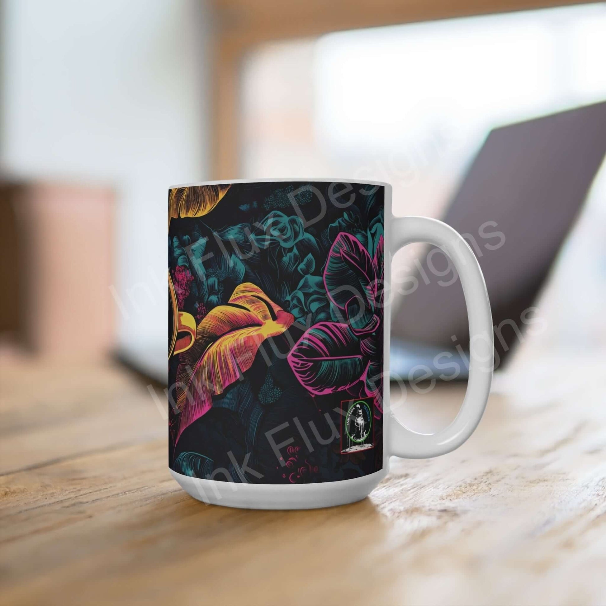 Vibrant Magic Brew II 15oz ceramic coffee mug with colorful floral design on wooden table, perfect for coffee lovers.