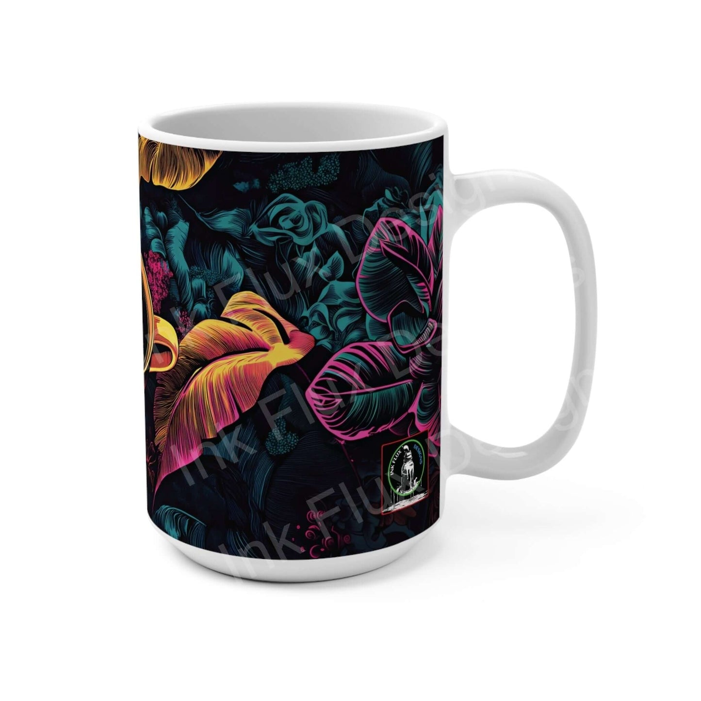 Vibrant tropical print on a 15oz white ceramic coffee mug with a C-handle and rounded corners, lead and BPA-free, ideal for coffee lovers.
