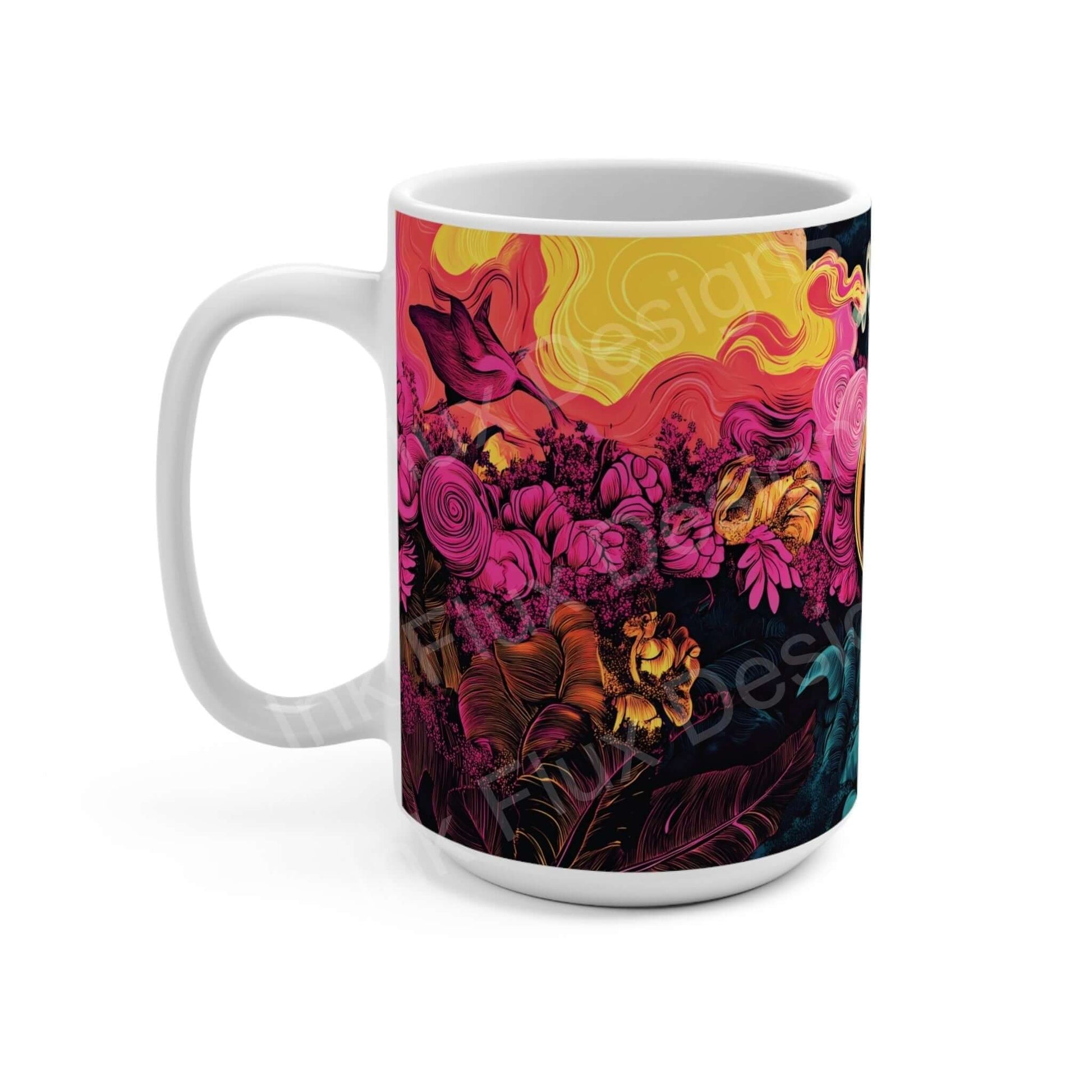 Colorful 15oz Magic Brew II ceramic coffee mug with vibrant floral and abstract design, durable with C-handle, perfect for coffee lovers.