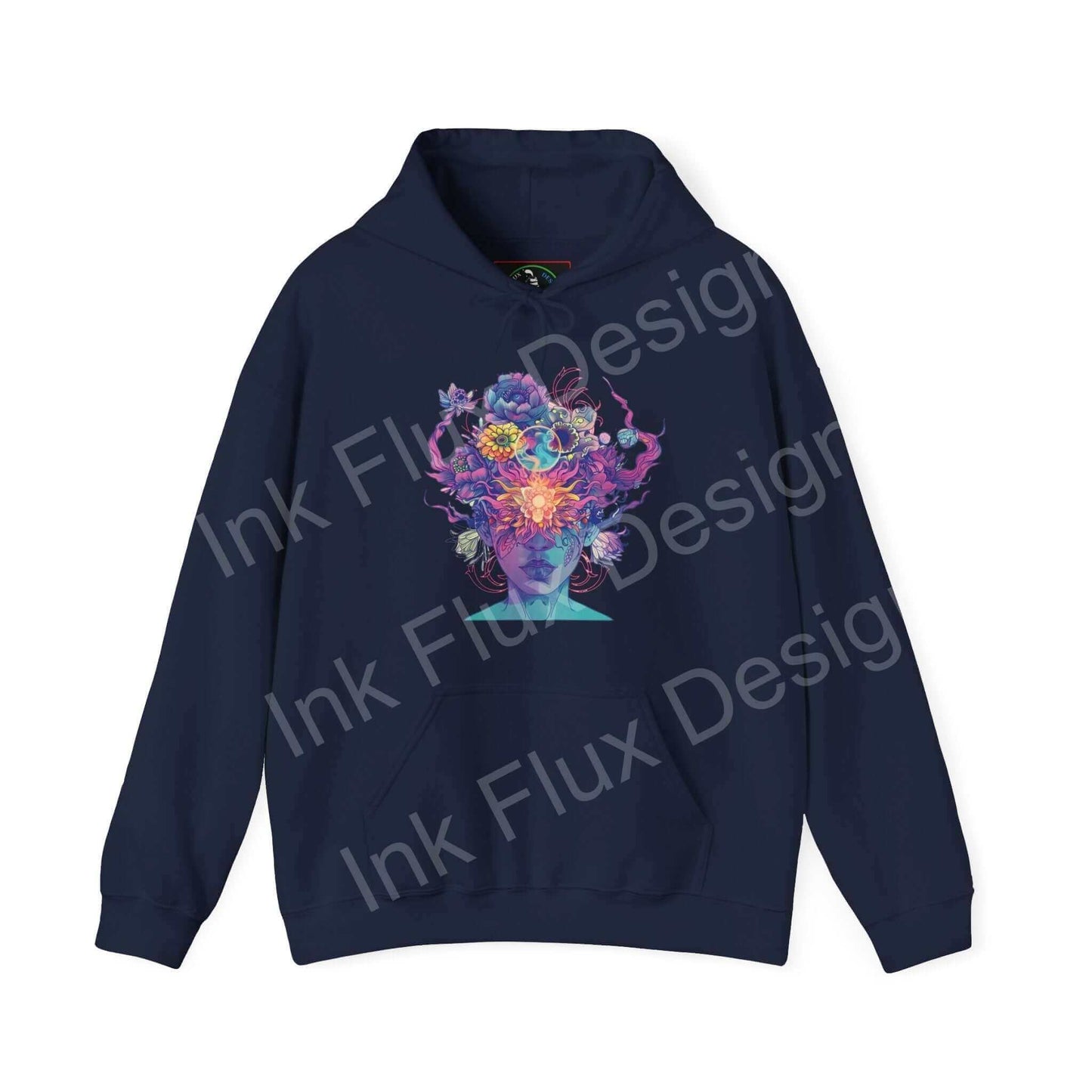 Unisex navy blue hooded sweatshirt featuring a vibrant, multicolored floral skull design from Magic Trip, ideal for bold graphic hoodies lovers.
