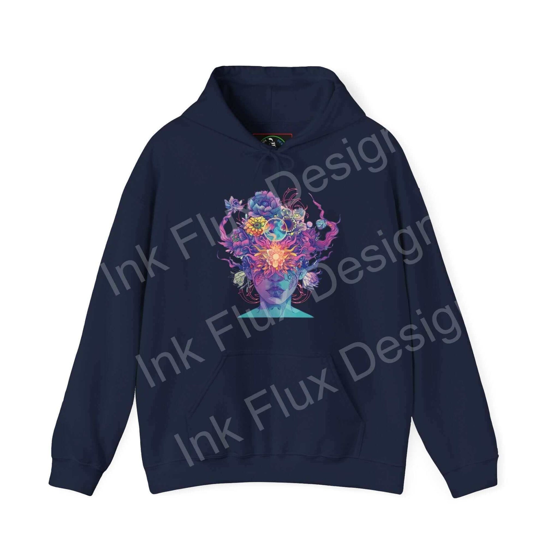 Unisex navy blue hooded sweatshirt featuring a vibrant, multicolored floral skull design from Magic Trip, ideal for bold graphic hoodies lovers.