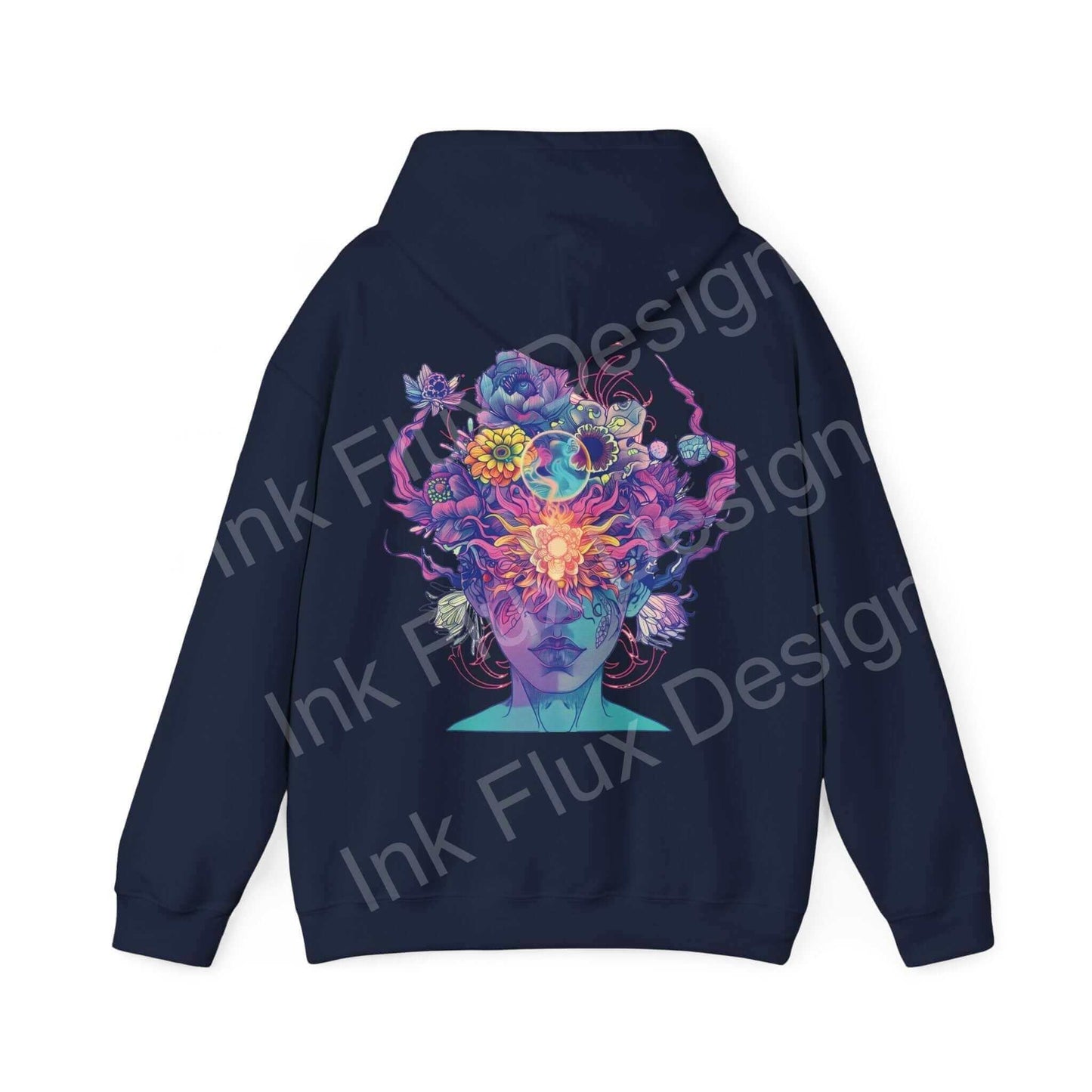 Navy blue unisex hoodie featuring a vibrant graphic design of a colorful, floral and fire explosion artwork on the back.