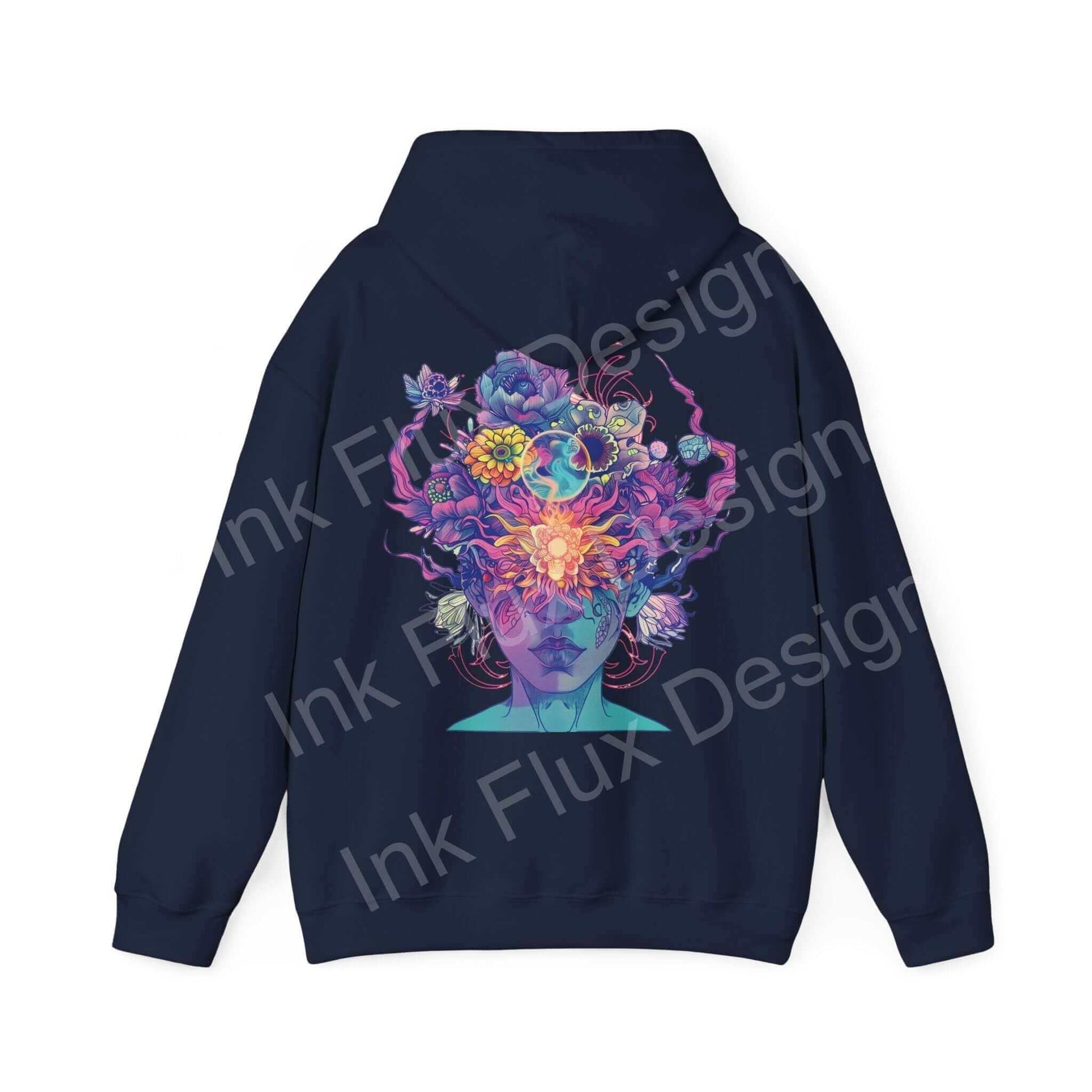 Navy blue unisex hoodie featuring a vibrant graphic design of a colorful, floral and fire explosion artwork on the back.