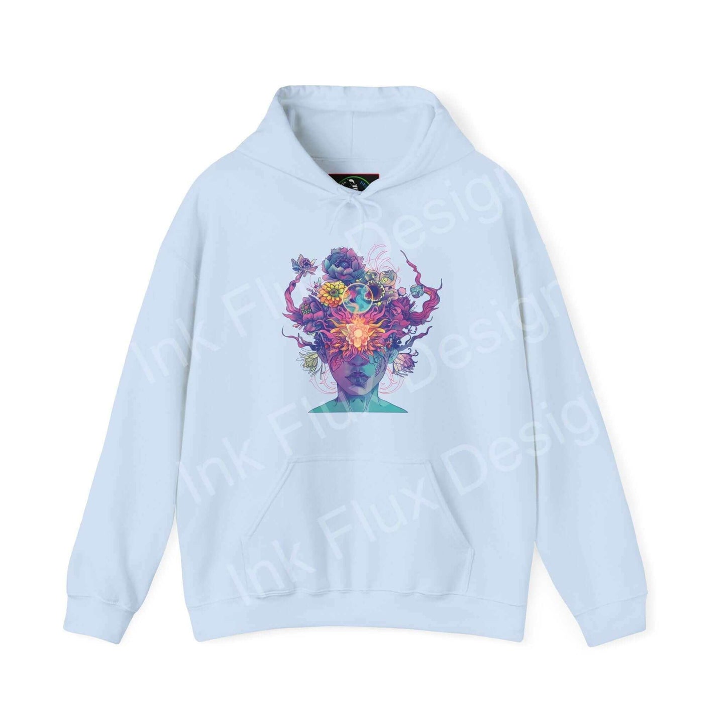 Light blue Magic Trip hooded sweatshirt featuring a vibrant, colorful graphic design on the front, ideal for stylish comfort.