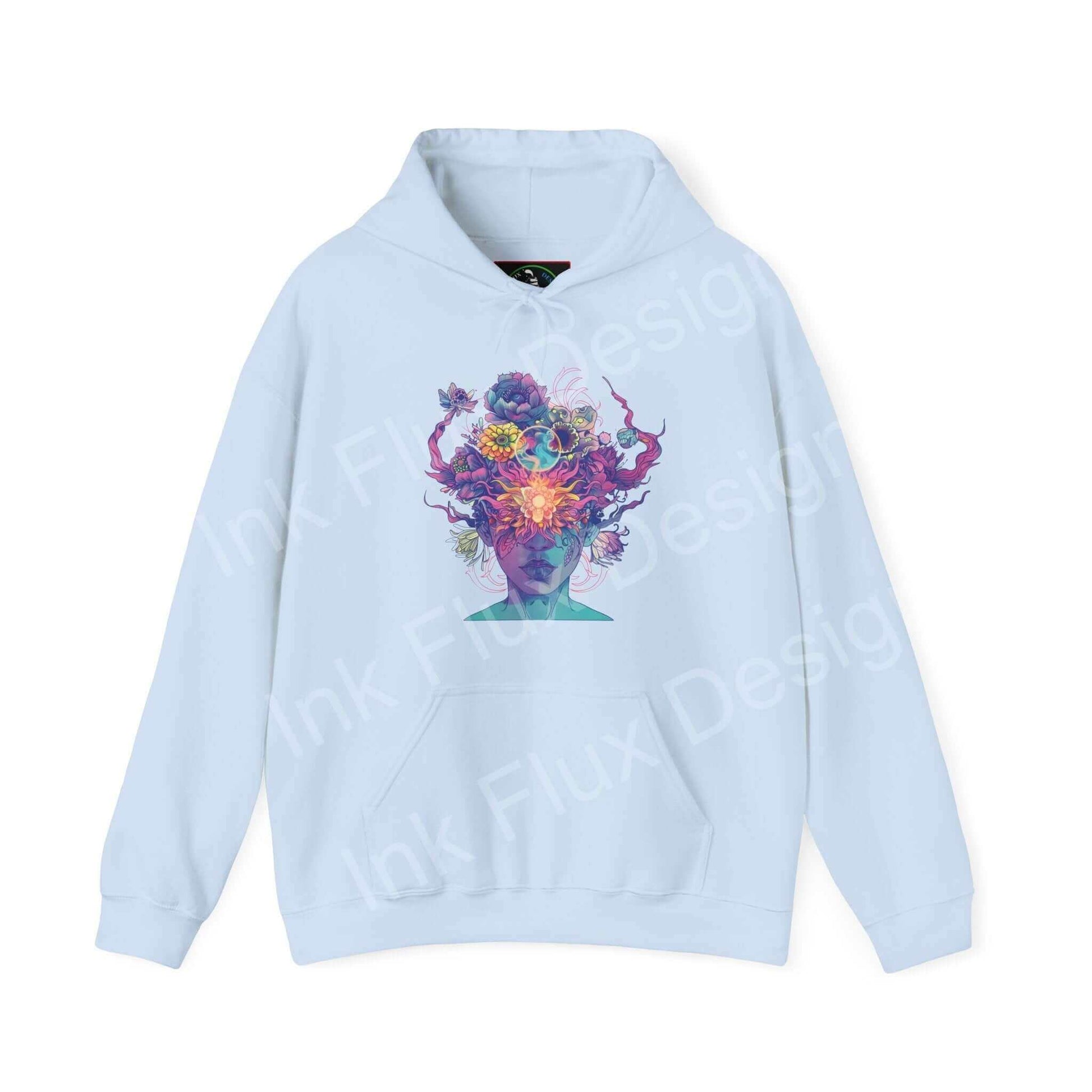 Light blue Magic Trip hooded sweatshirt featuring a vibrant, colorful graphic design on the front, ideal for stylish comfort.