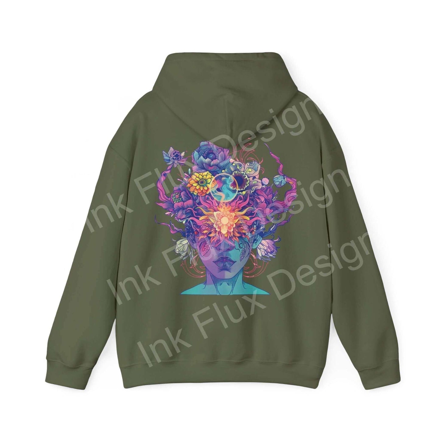 Back view of a green hooded sweatshirt featuring a vibrant, bold graphic design with floral and fiery elements on a unisex hoodie.