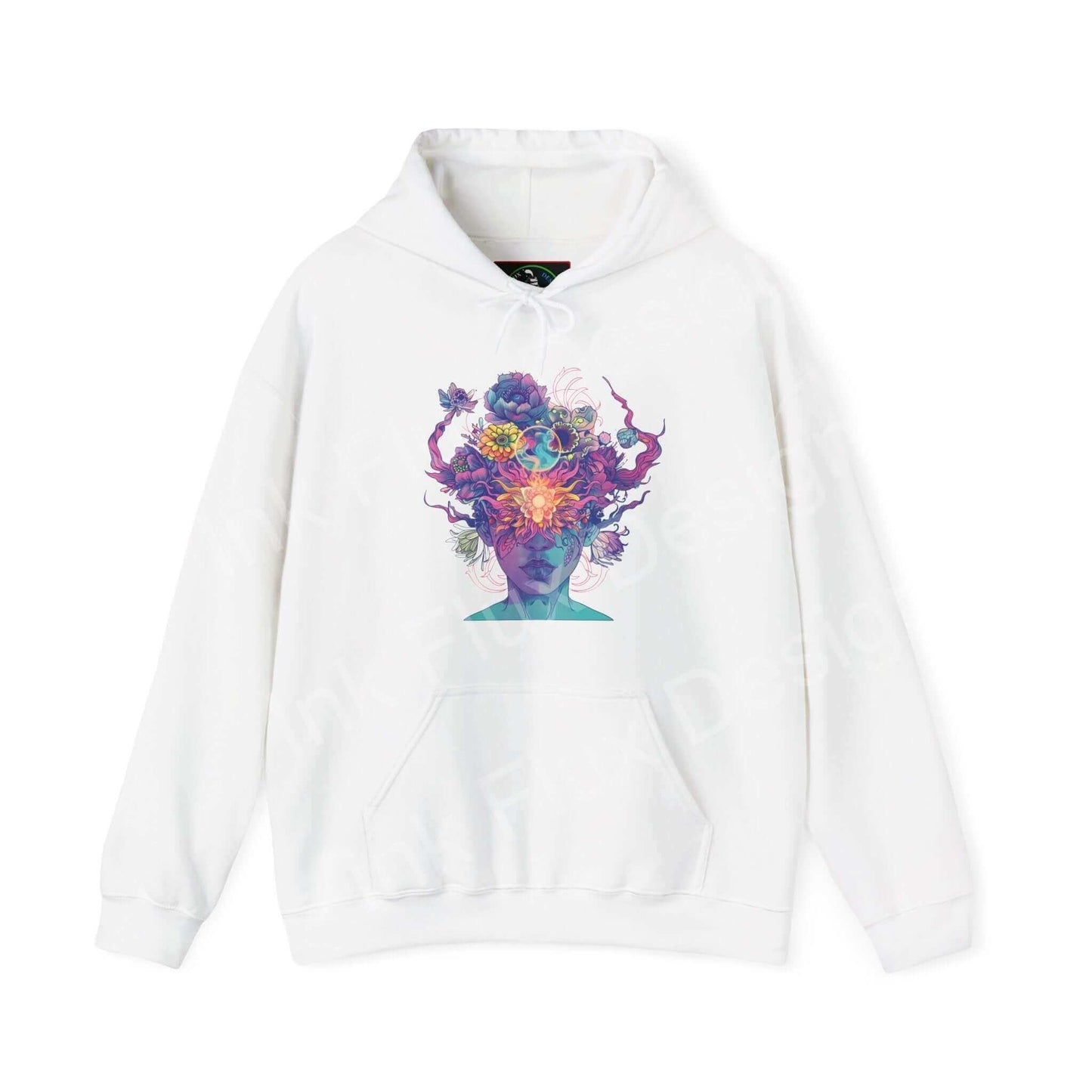 Unisex white hooded sweatshirt with a colorful, bold graphic design on the front, perfect for those seeking stylish comfort.