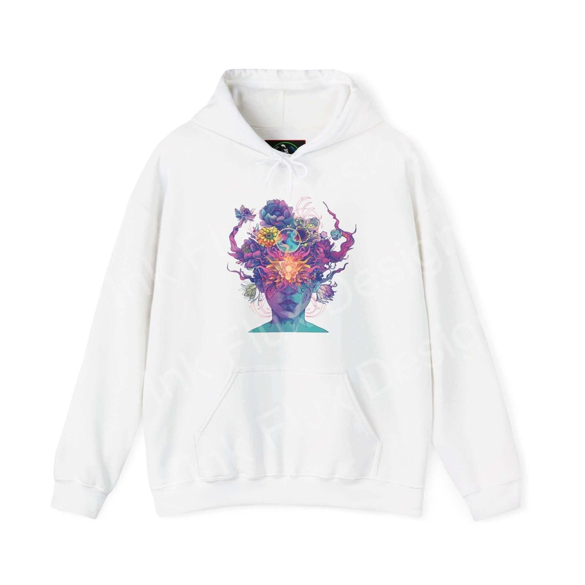 Unisex white hooded sweatshirt with a colorful, bold graphic design on the front, perfect for those seeking stylish comfort.