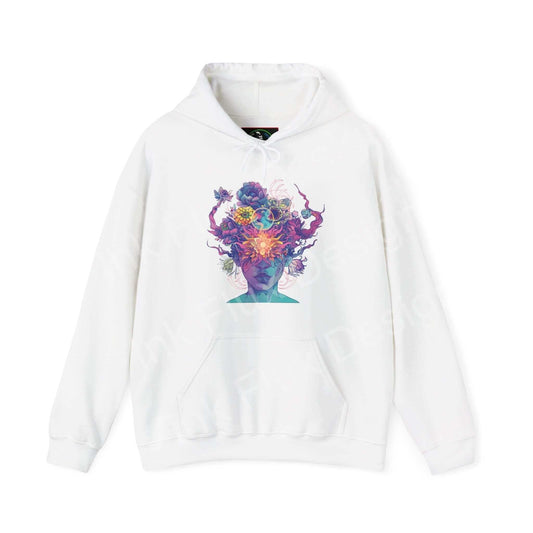 Unisex white hooded sweatshirt with a colorful, bold graphic design on the front, perfect for those seeking stylish comfort.