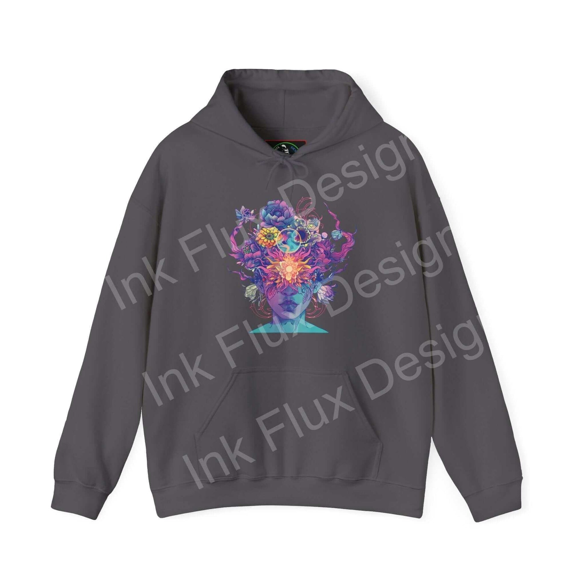 Charcoal gray hooded sweatshirt featuring a colorful, bold graphic design on the front, perfect for stylish comfort.