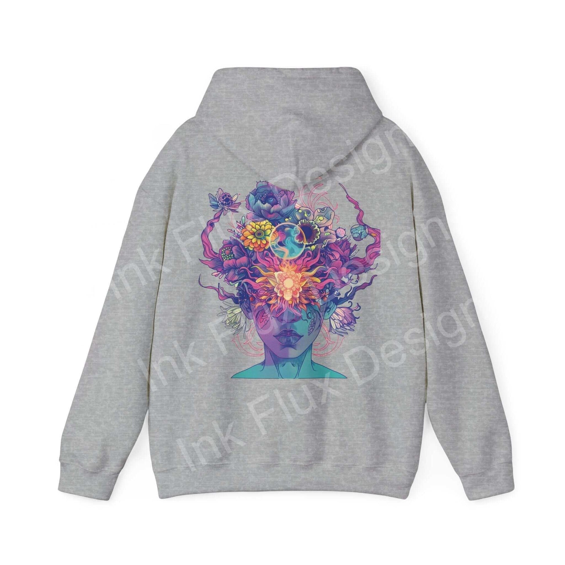 Unisex grey hooded sweatshirt with vibrant, bold graphic design of a colorful floral explosion on the back.