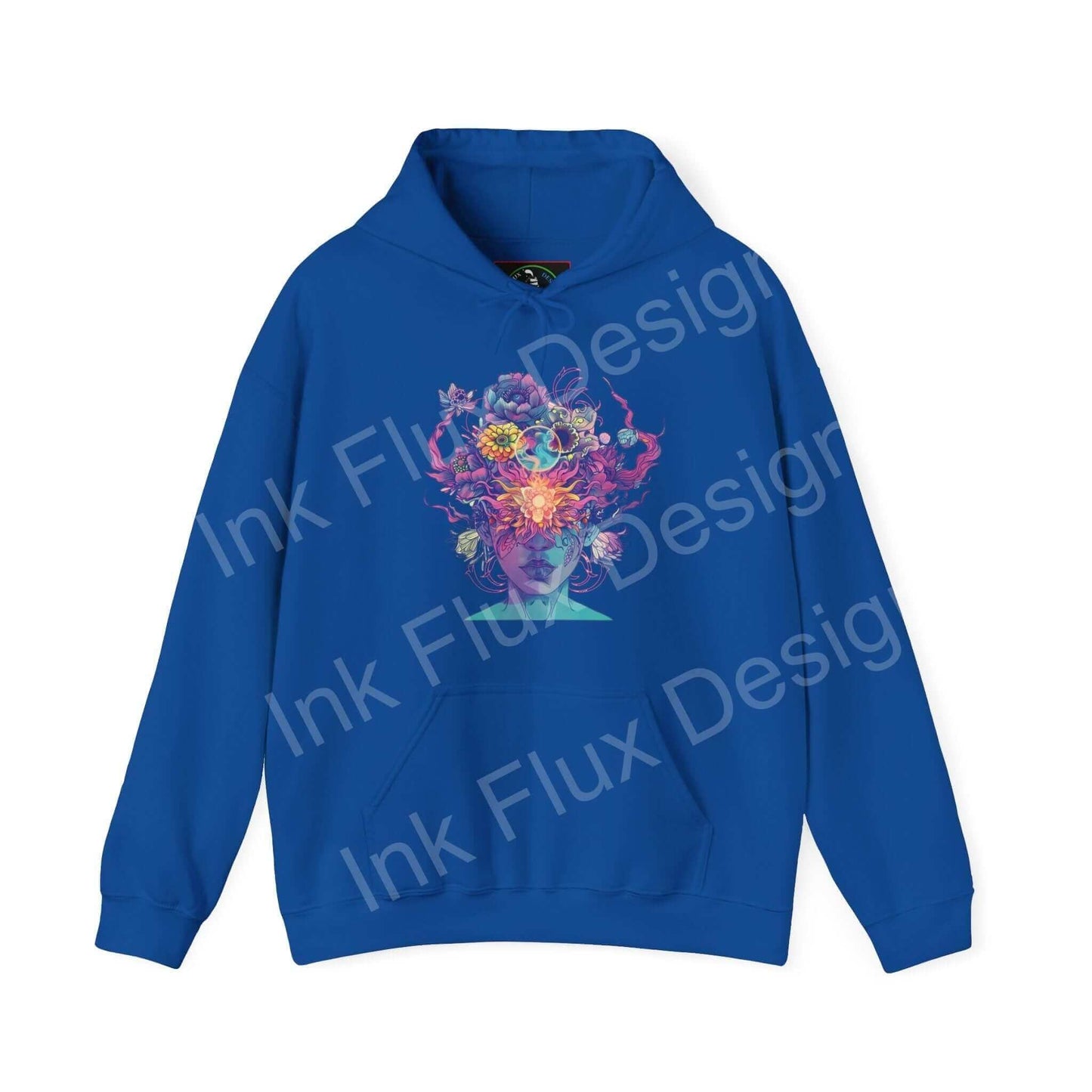 Blue hooded sweatshirt featuring a vibrant, colorful floral graphic design on the front, ideal for bold graphic hoodies enthusiasts.