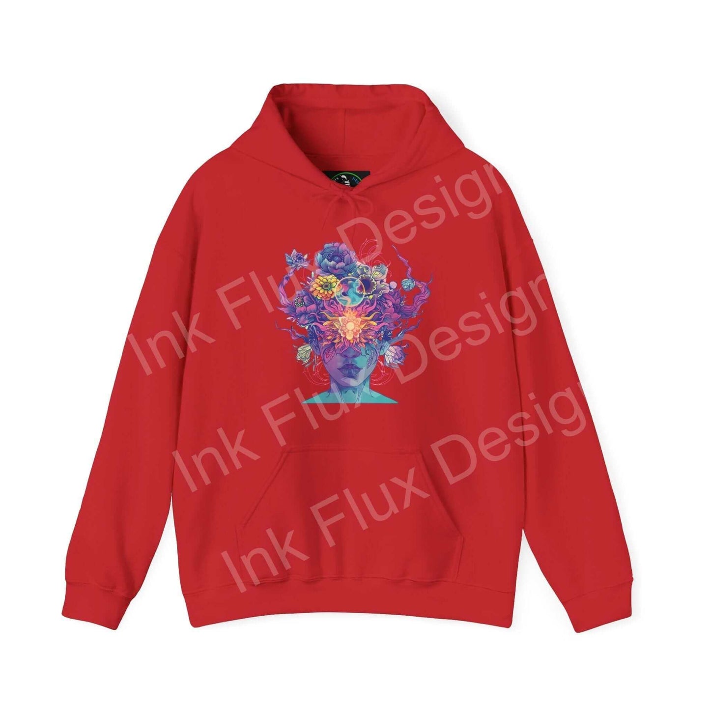 Red Magic Trip hooded sweatshirt with vibrant floral skull graphic design, showcasing bold designs in graphic hoodies.