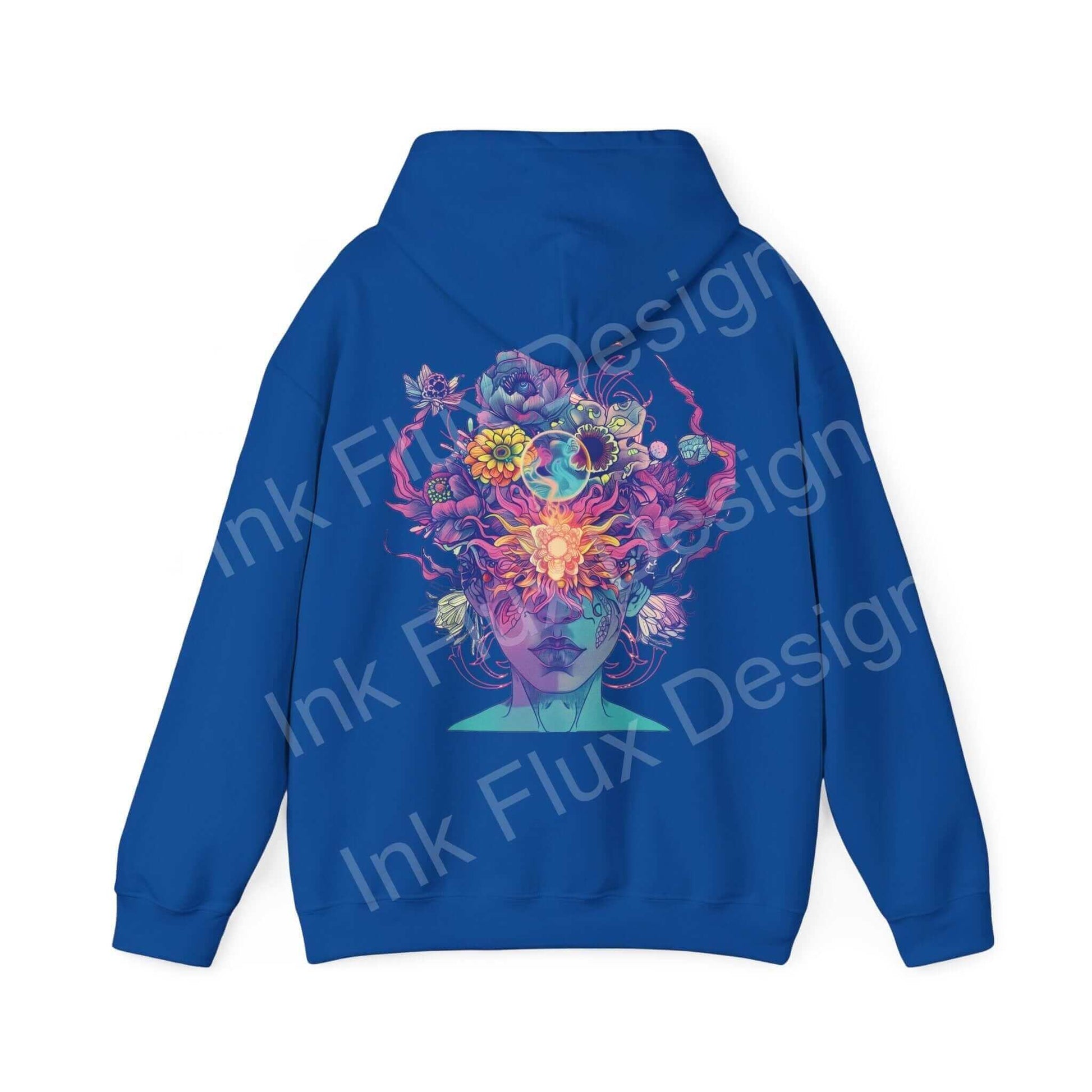 Bold graphic hoodie featuring intricate floral and fiery skull design on a blue background, perfect for adding a pop of color to casual outfits.