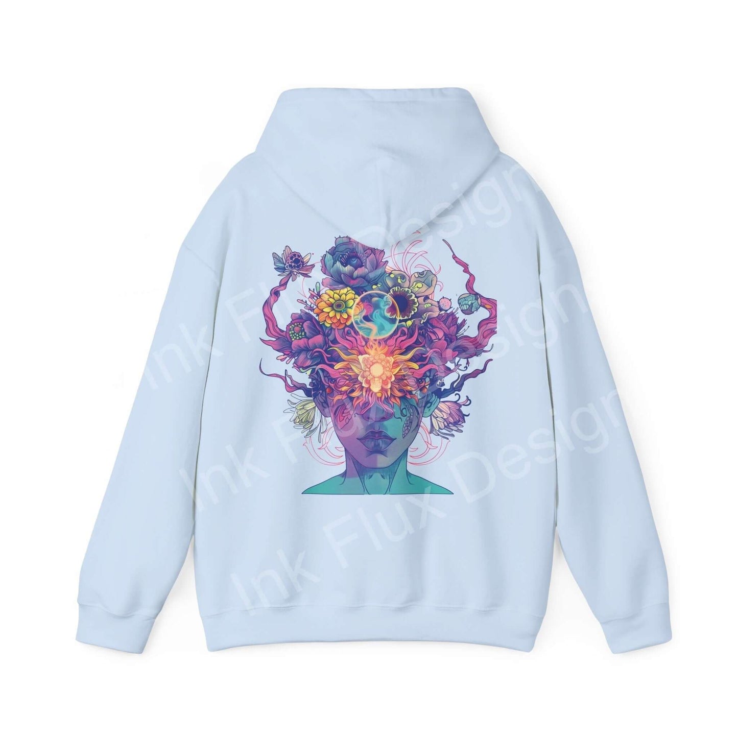 Graphic hoodie featuring a vibrant, artistic print of a colorful explosion forming a face, on a light blue background.