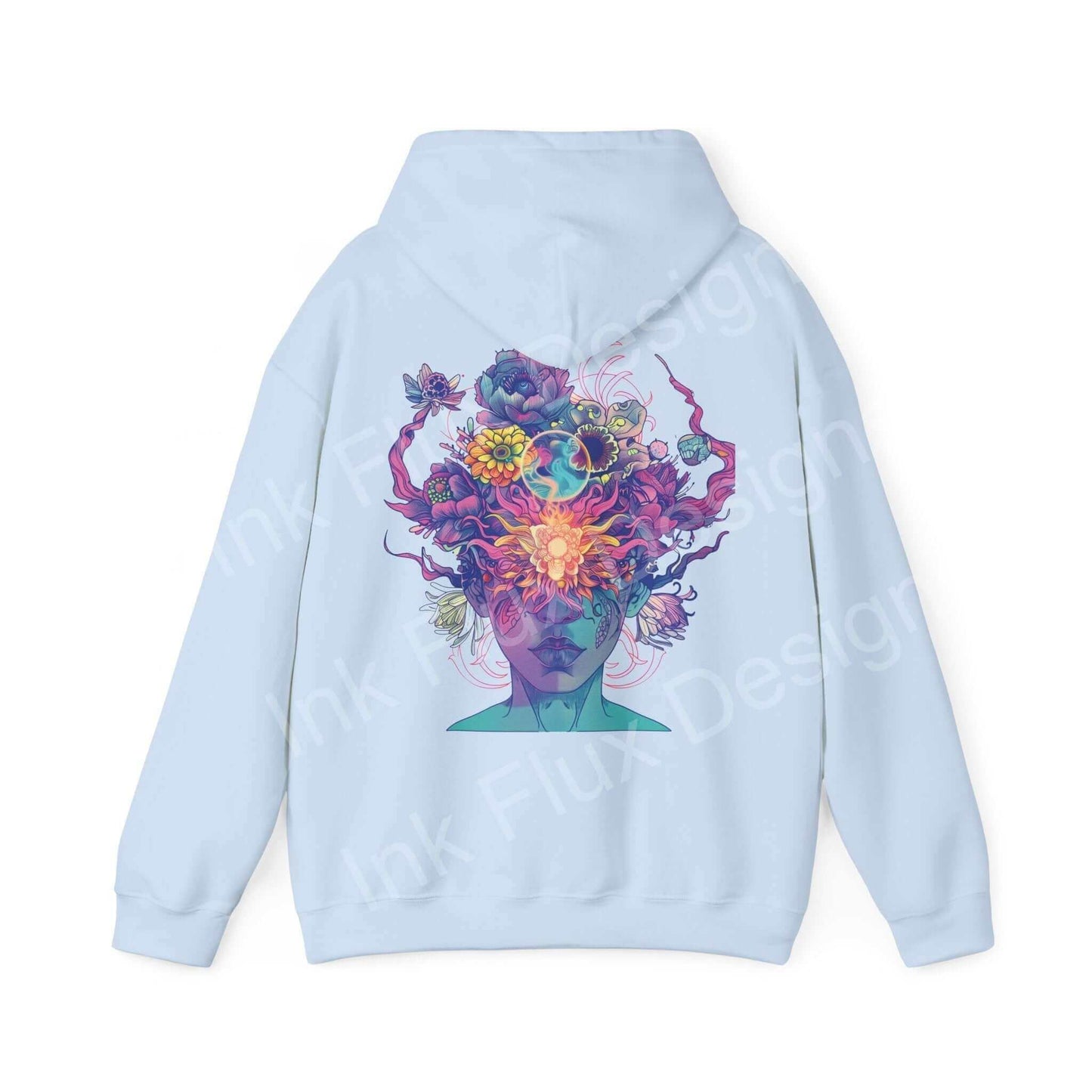Graphic hoodie featuring a vibrant, artistic print of a colorful explosion forming a face, on a light blue background.