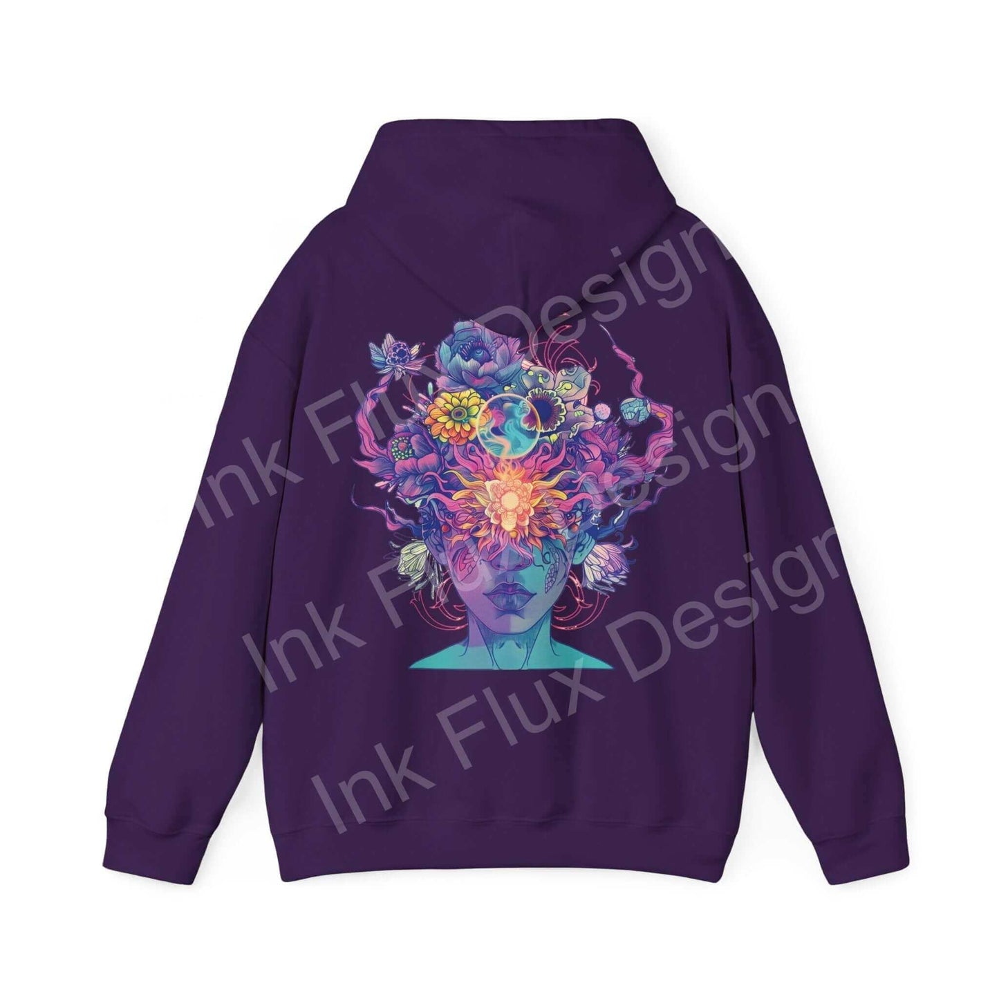 Unisex purple hooded sweatshirt with a colorful, bold graphic of a floral and flame design on the back, showcasing creativity and style.