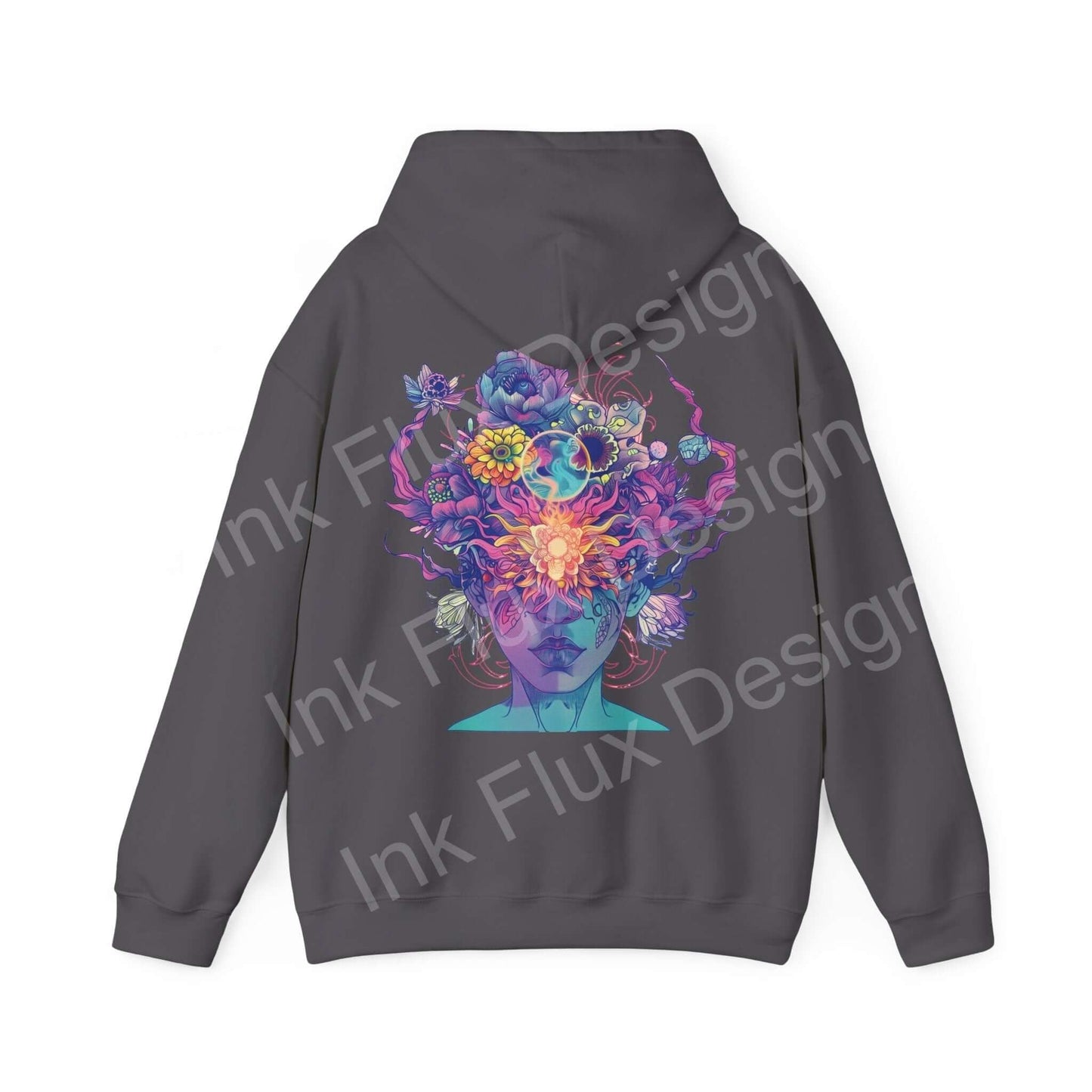 Unisex gray hooded sweatshirt with vibrant, bold graphic design featuring a colorful floral and flame print on the back.