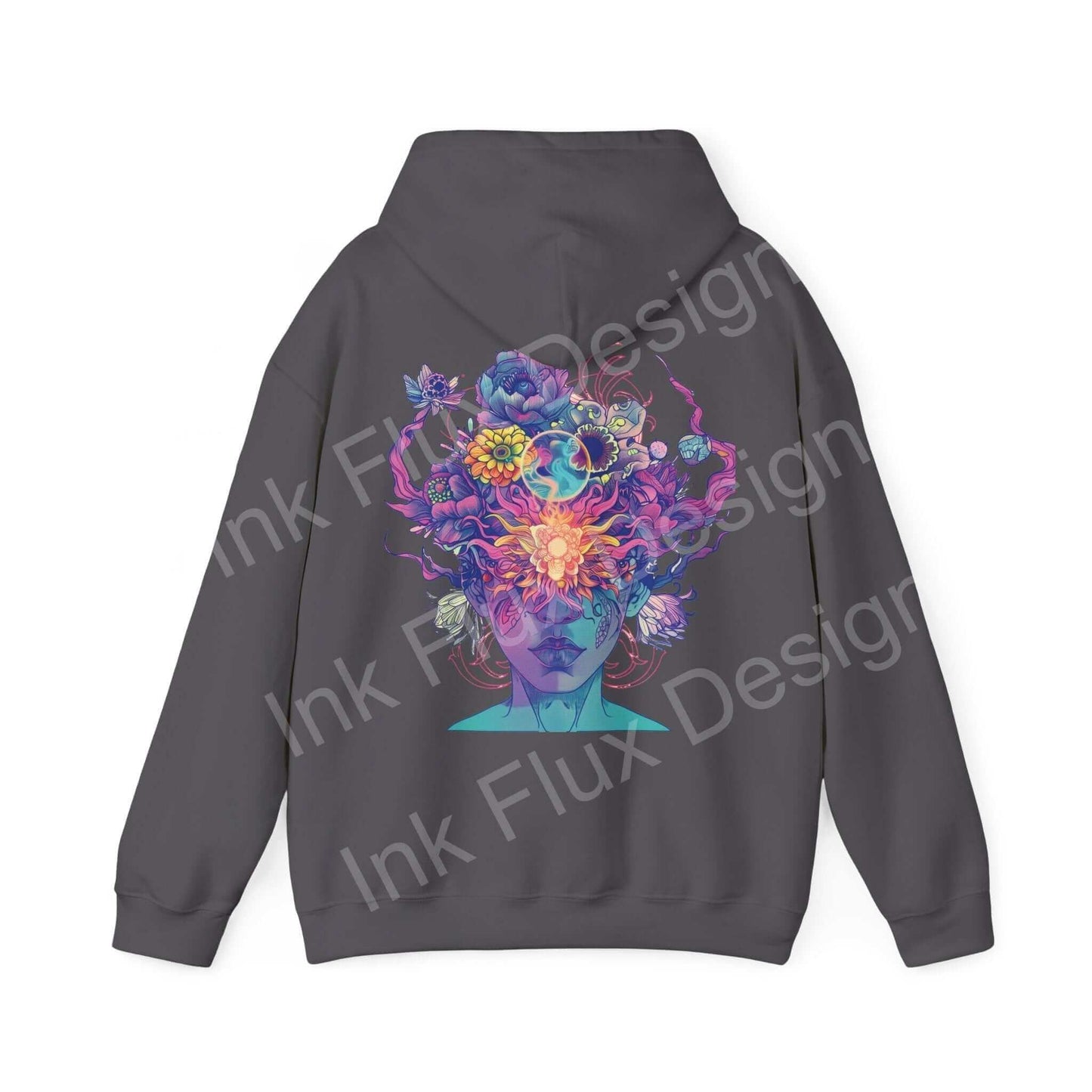 Unisex gray hooded sweatshirt with vibrant, bold graphic design featuring a colorful floral and flame print on the back.