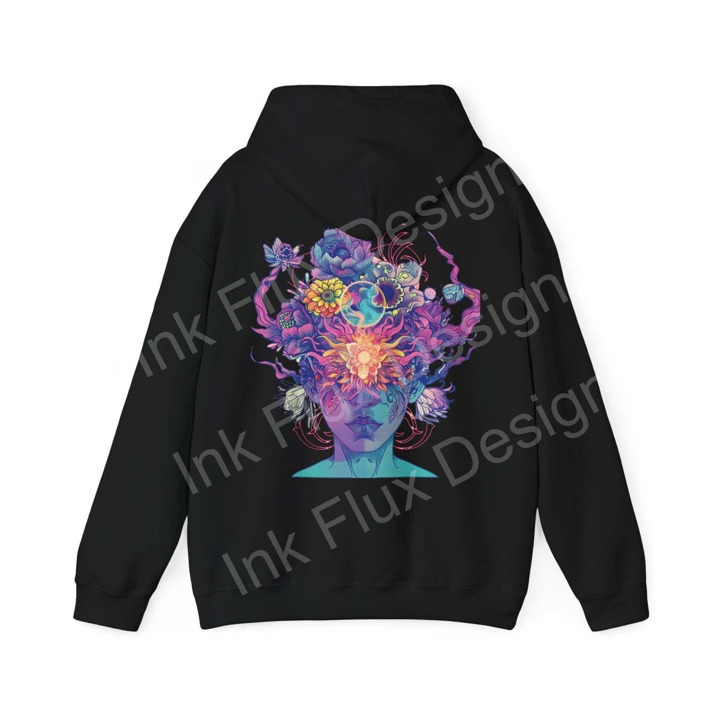 Back view of a black hooded sweatshirt featuring a vibrant, colorful graphic of a floral and flame design on the hood.