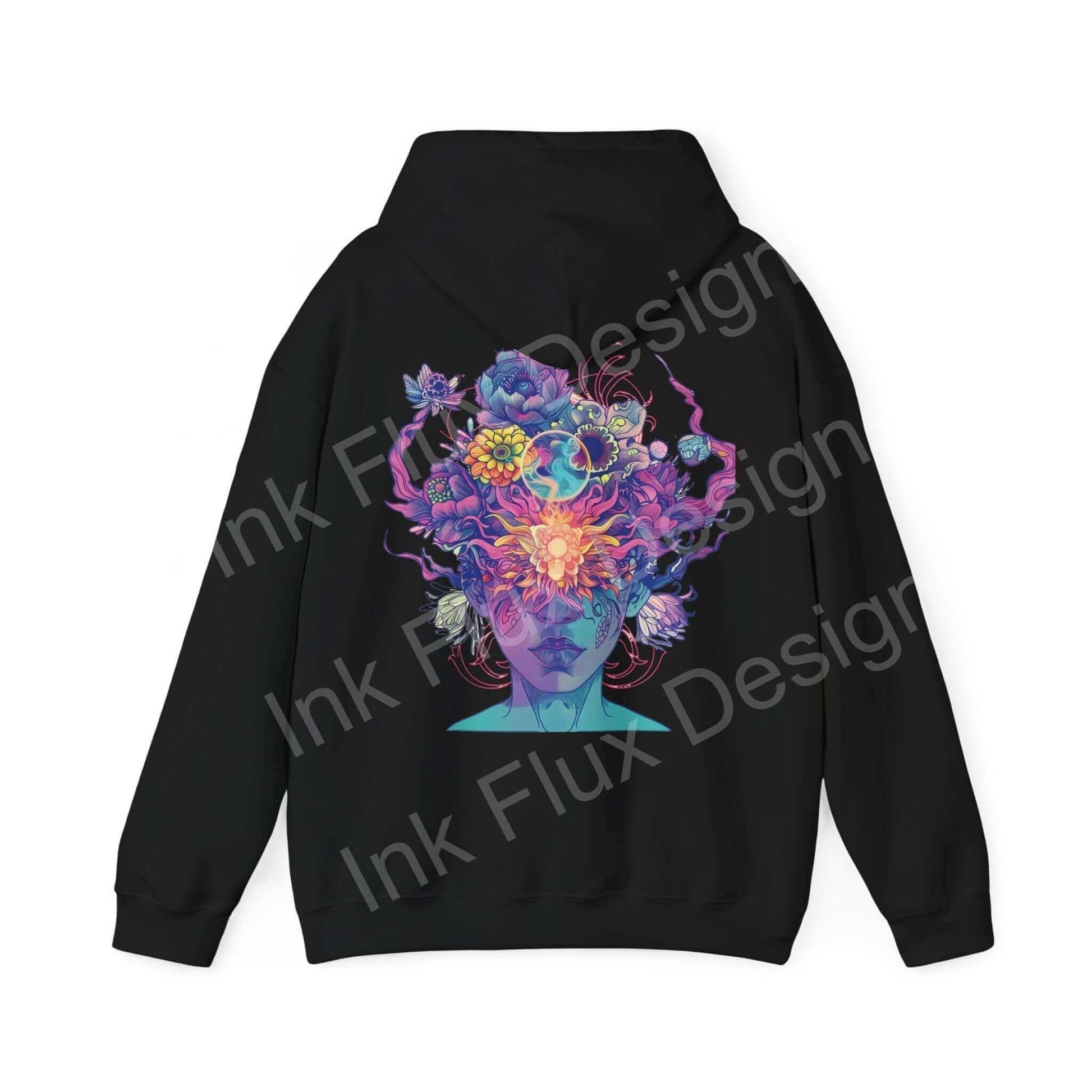 Back view of a black hooded sweatshirt featuring a vibrant, colorful graphic of a floral and flame design on the hood.