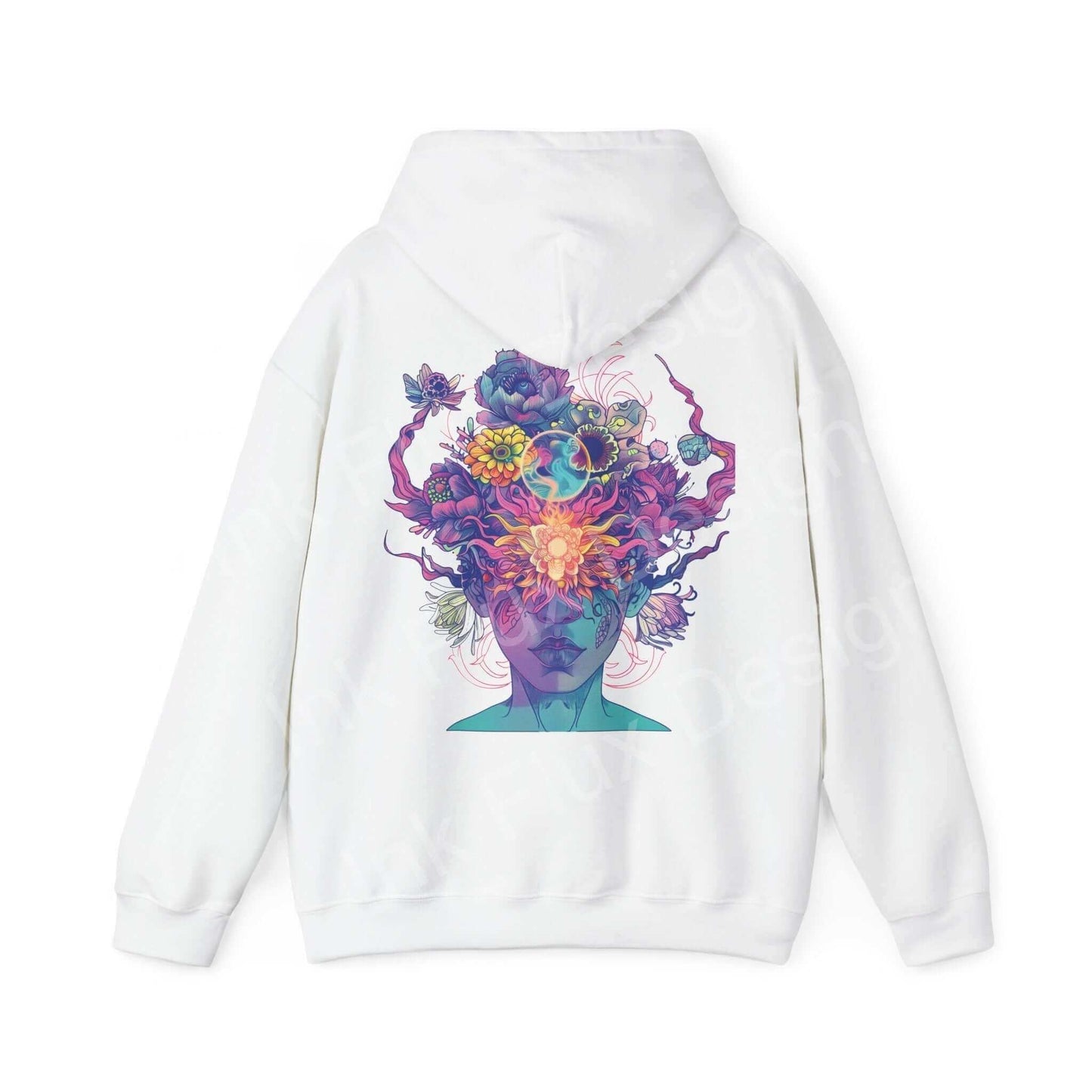 Unisex white hooded sweatshirt with a vibrant, artistic graphic of a floral and flame design on the back, blending bold colors and intricate patterns.