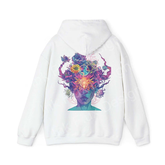 Unisex white hooded sweatshirt with a vibrant, artistic graphic of a floral and flame design on the back, blending bold colors and intricate patterns.