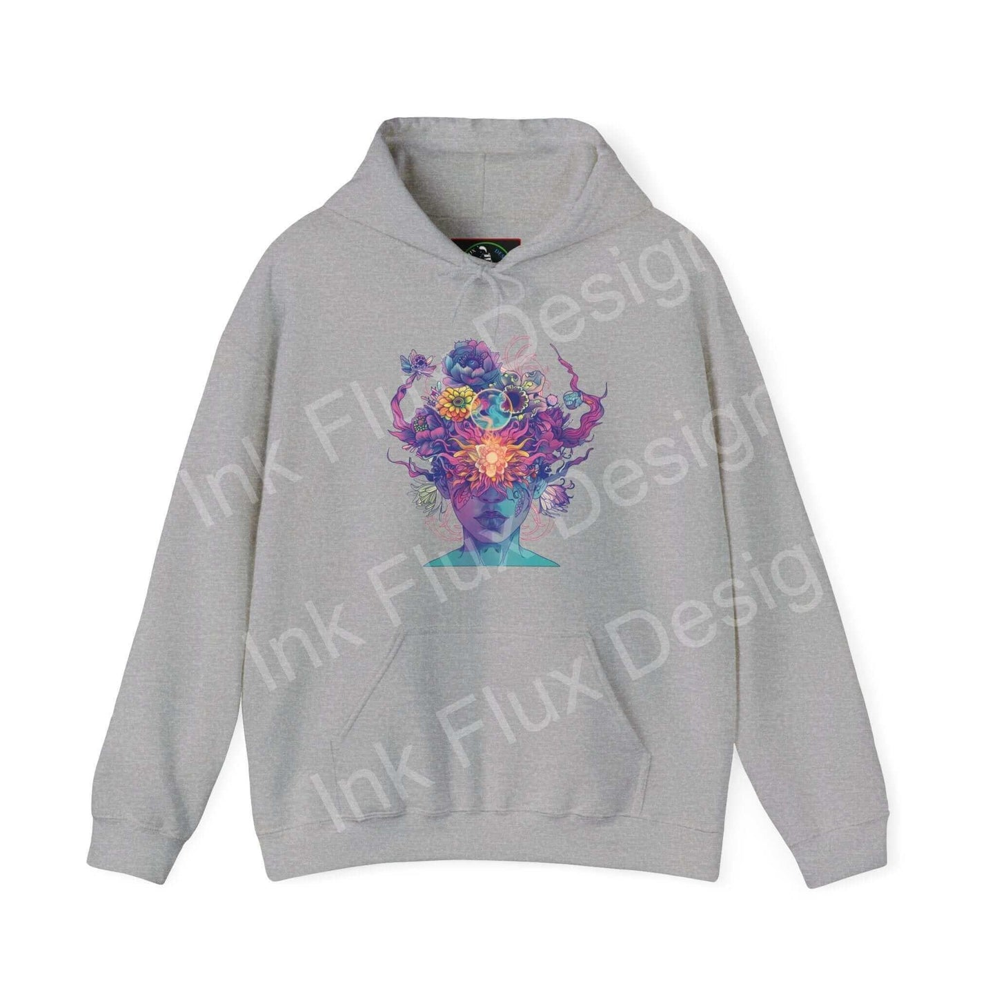 Unisex gray hooded sweatshirt with colorful, bold ink flux graphic design, ideal for showcasing personal style and creativity.