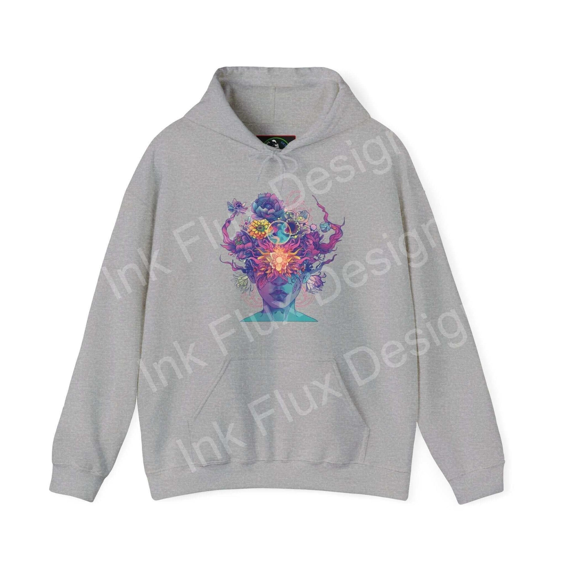 Unisex gray hooded sweatshirt with colorful, bold ink flux graphic design, ideal for showcasing personal style and creativity.