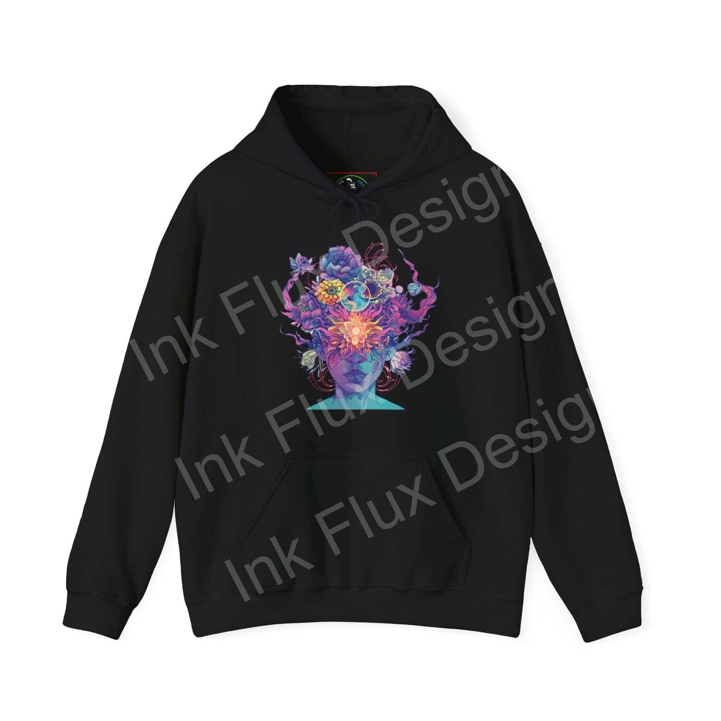 Unisex black hoodie with a vibrant, multicolored abstract graphic design on the front, showcasing bold designs ideal for graphic hoodies enthusiasts.