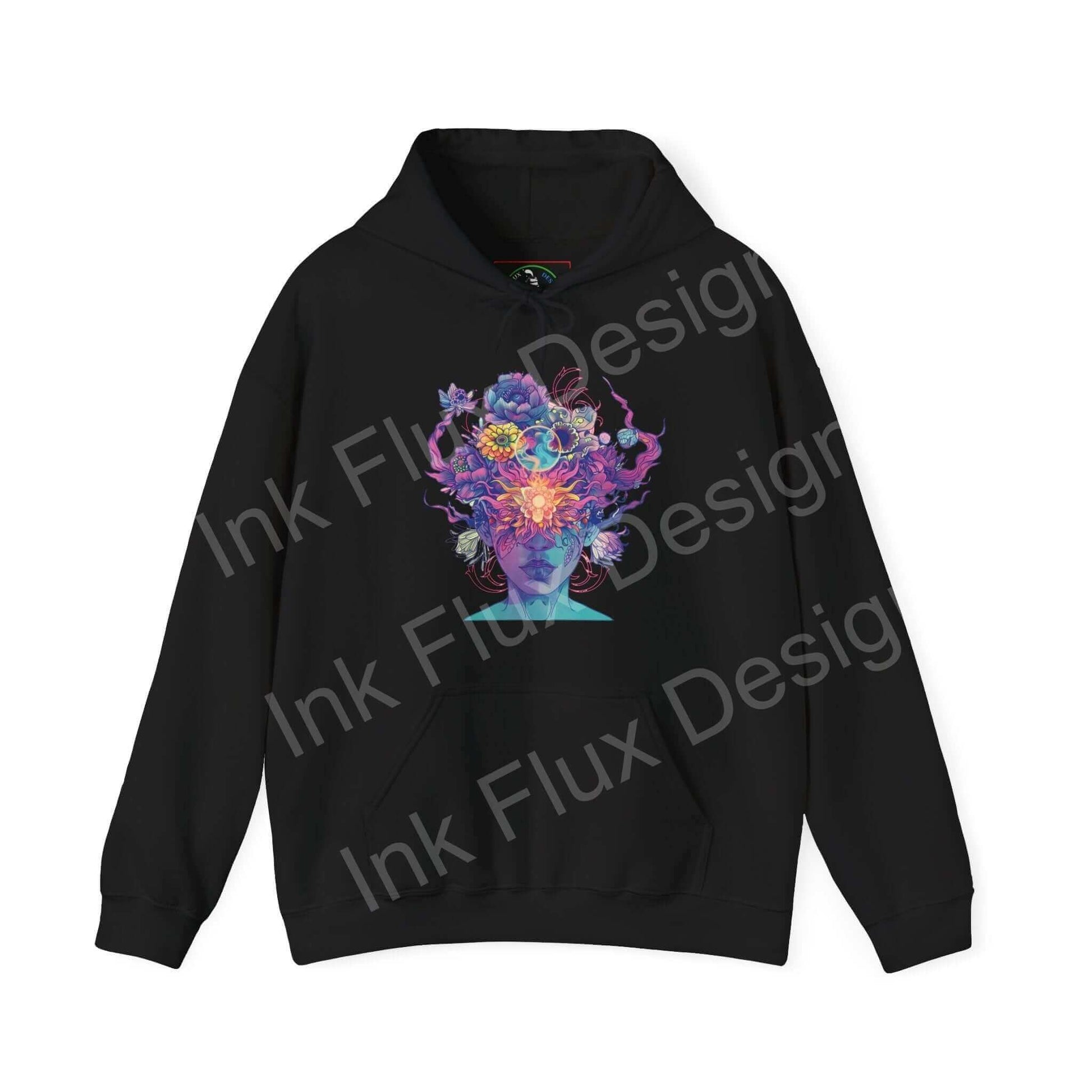 Unisex black hoodie with a vibrant, multicolored abstract graphic design on the front, showcasing bold designs ideal for graphic hoodies enthusiasts.