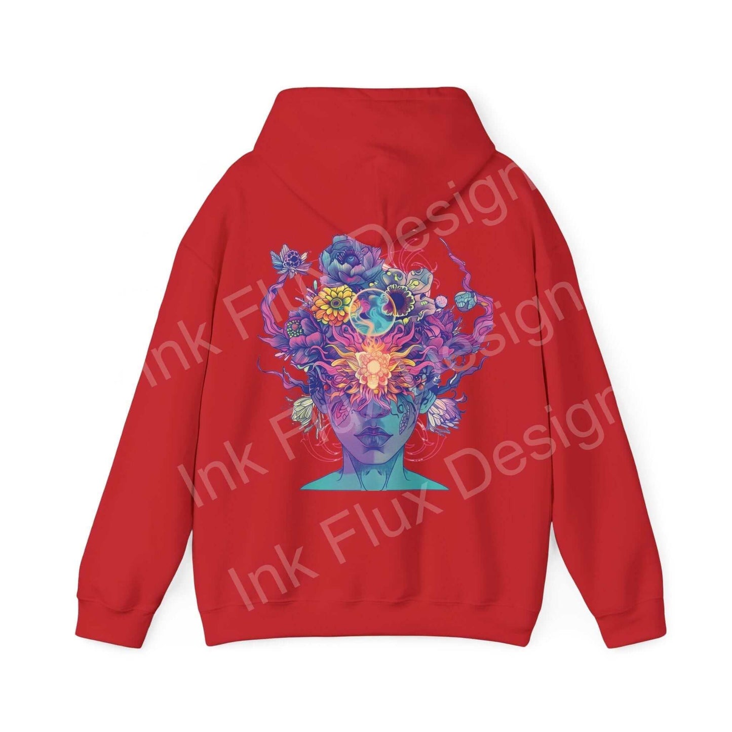 Red "Magic Trip" hooded sweatshirt with bold, colorful graphic design of a floral and flame motif on the back.