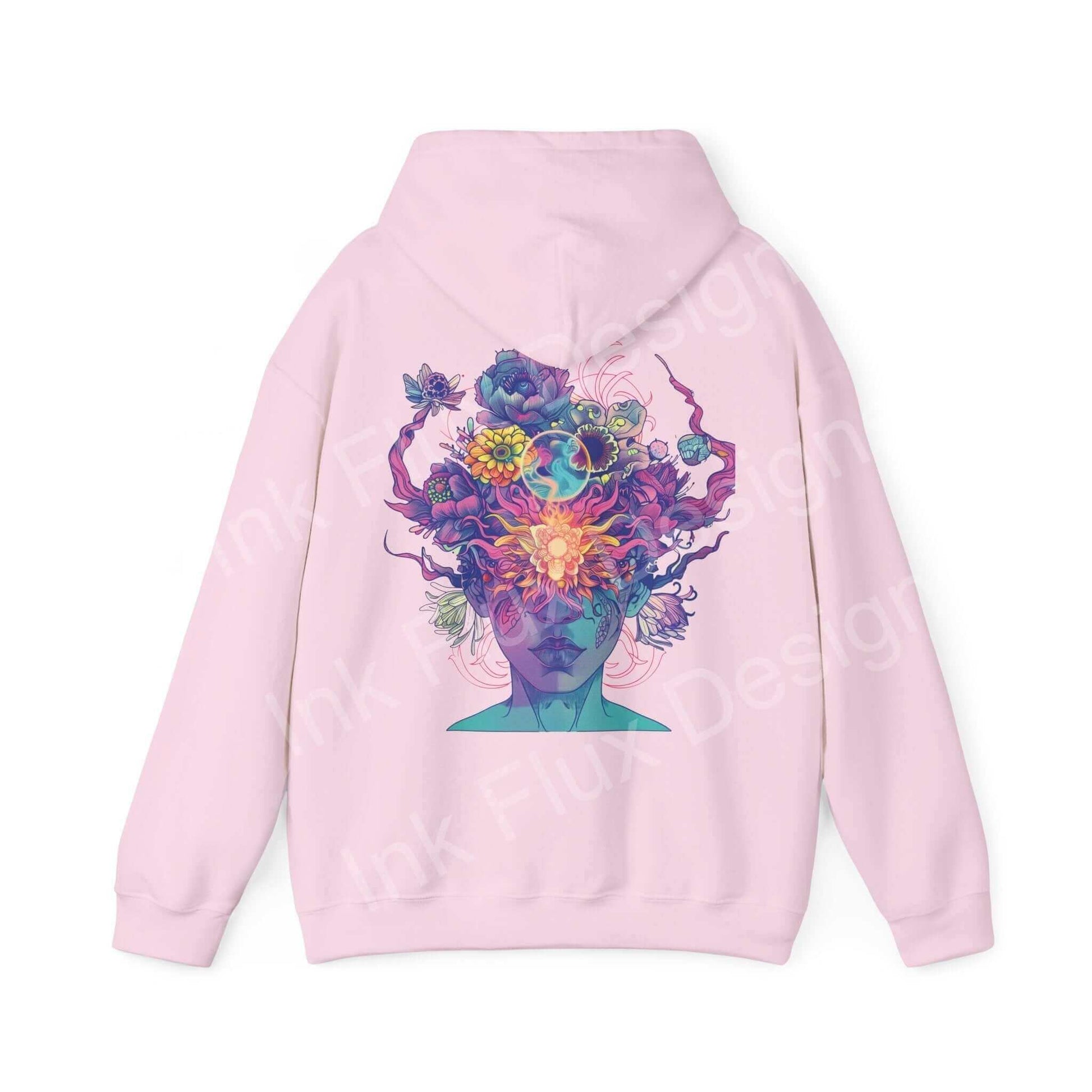 Pink Magic Trip hooded sweatshirt with vibrant, graphic design featuring a colorful, artistic explosion of flowers and abstract elements on the back.
