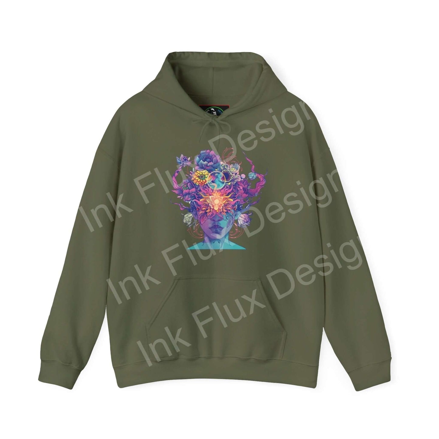 Olive green graphic hoodie featuring a vibrant, multicolored floral skull print, perfect for bold fashion statements and cozy wear.