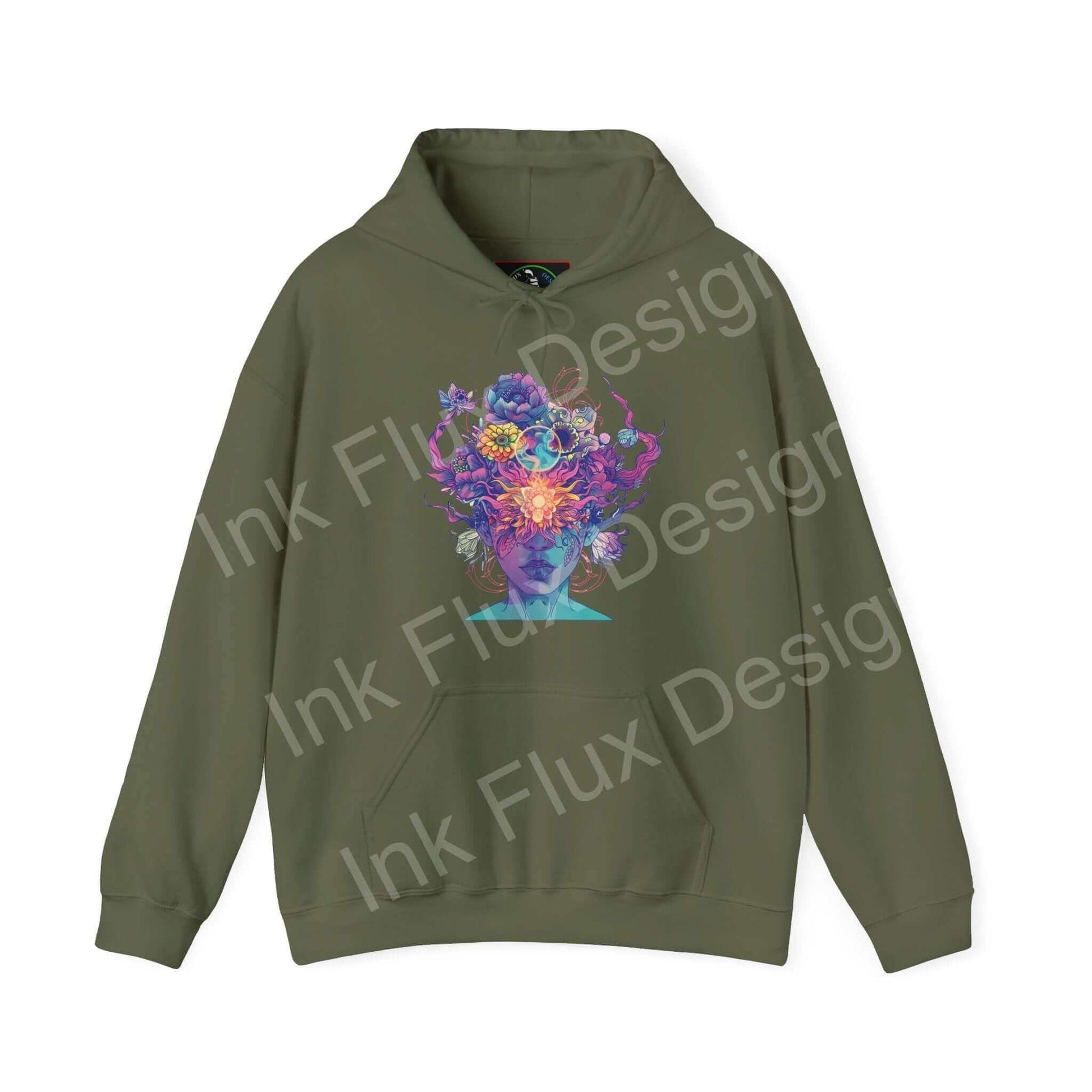 Olive green graphic hoodie featuring a vibrant, multicolored floral skull print, perfect for bold fashion statements and cozy wear.