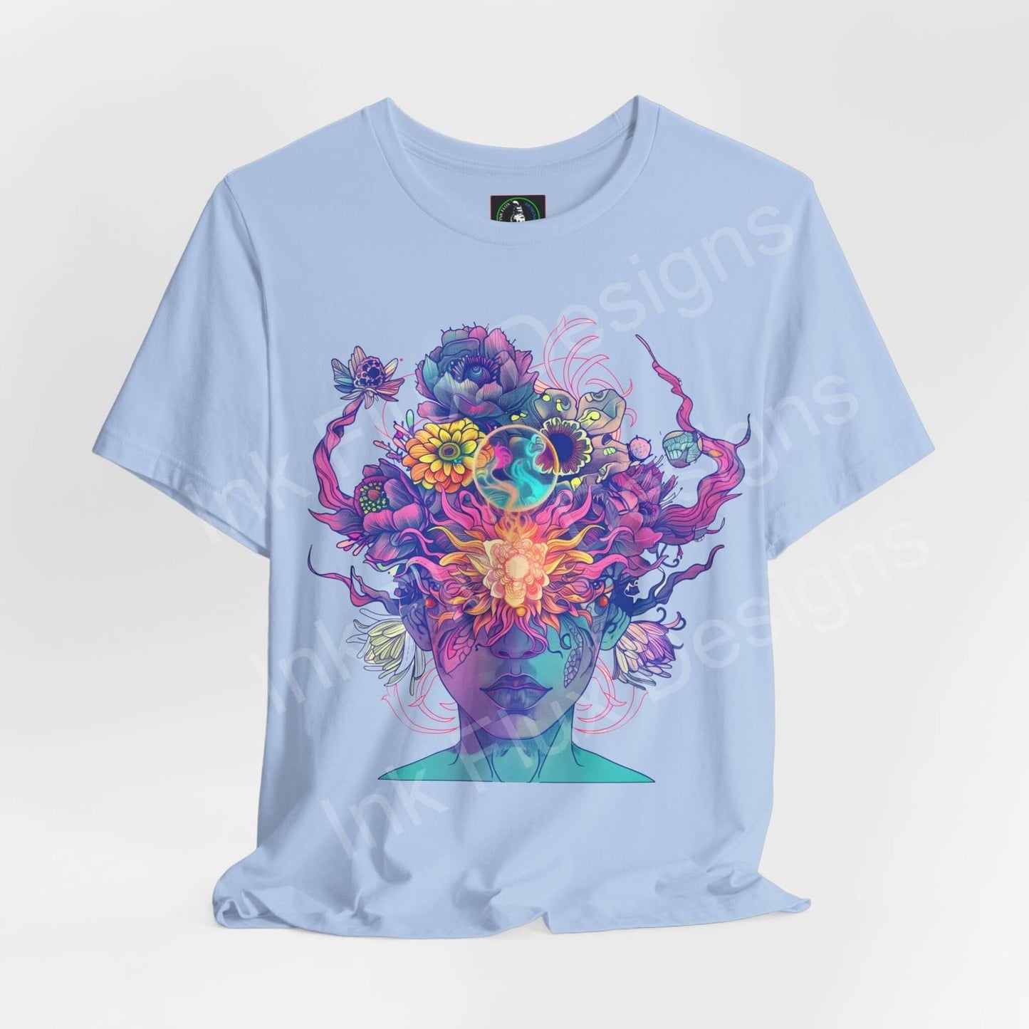 Unisex light blue T-shirt with psychedelic, trippy graphic design featuring vibrant, bold floral and abstract patterns, ideal for stylish casual wear.