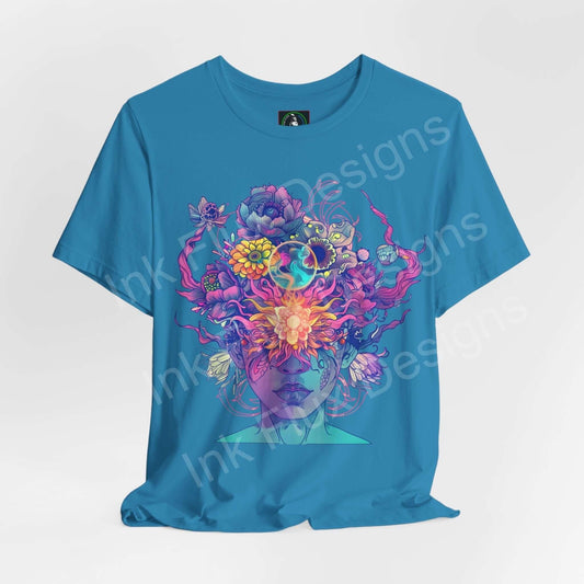 Psychedelic graphic tee featuring bold, trippy artwork with vibrant flowers and abstract patterns on a turquoise unisex T-shirt.
