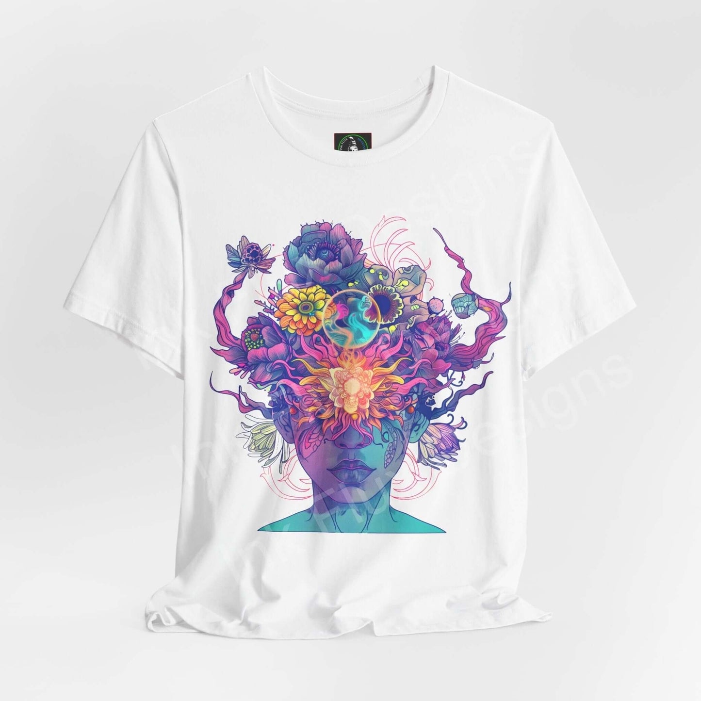 Unisex white jersey T-shirt featuring bold psychedelic graphic with vibrant floral and trippy patterns, perfect for any occasion.