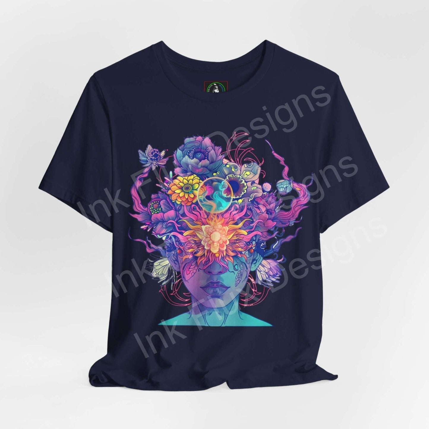 Navy unisex jersey T-shirt featuring a bold, psychedelic graphic of a face with vibrant, trippy floral elements, crafted by Bella+Canvas.
