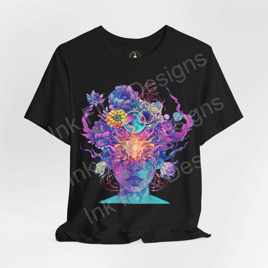 Black unisex T-shirt featuring bold psychedelic graphics with vibrant, trippy floral and abstract patterns, from Bella+Canvas.