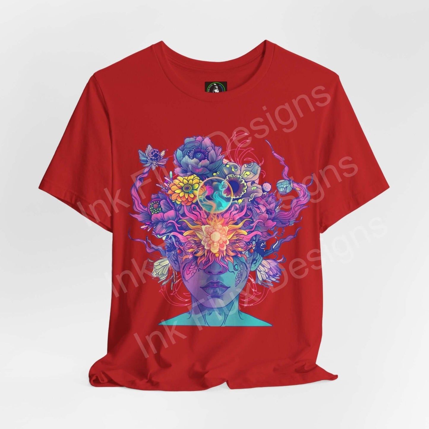 Red unisex jersey T-shirt with psychedelic, trippy graphic of a vibrant floral and surreal face design, by Bella+Canvas.
