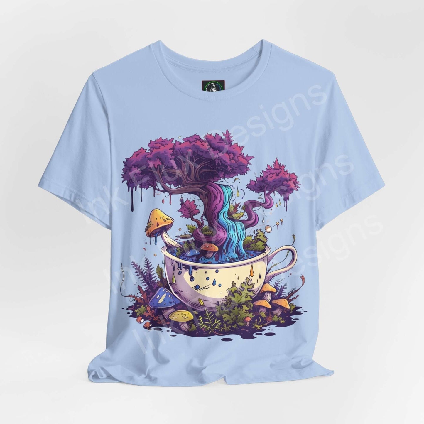 Unisex light blue T-shirt featuring bold, psychedelic graphic of a magical tree growing from a teacup, designed with vibrant, trippy colors.