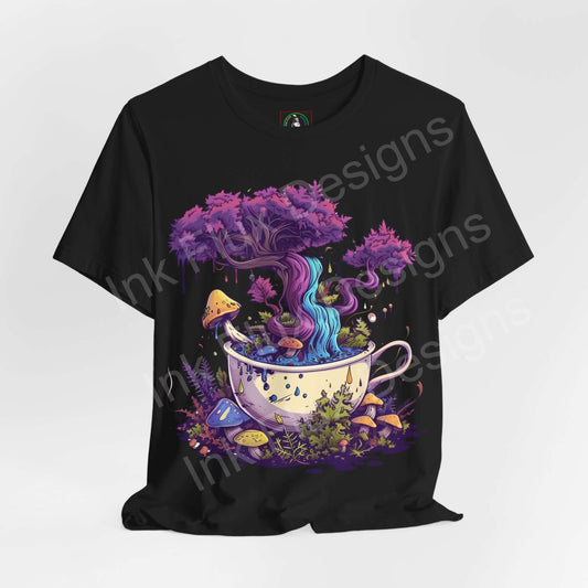 Unisex black T-shirt featuring a psychedelic design with a colorful tree growing from a tea cup, surrounded by mushrooms and foliage.