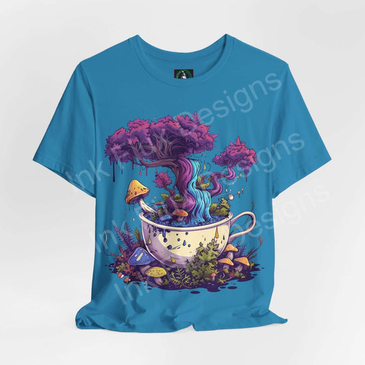 Psychedelic graphic tee featuring a vibrant, trippy design with a tree growing from a tea cup, bold colors, and whimsical elements on a blue unisex T-shirt.
