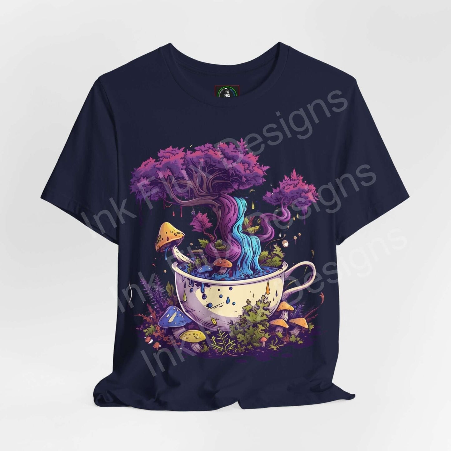 Unisex navy blue T-shirt featuring a trippy, psychedelic graphic of a tree and colorful mushrooms growing from a teacup, showcasing bold, vibrant graphics.