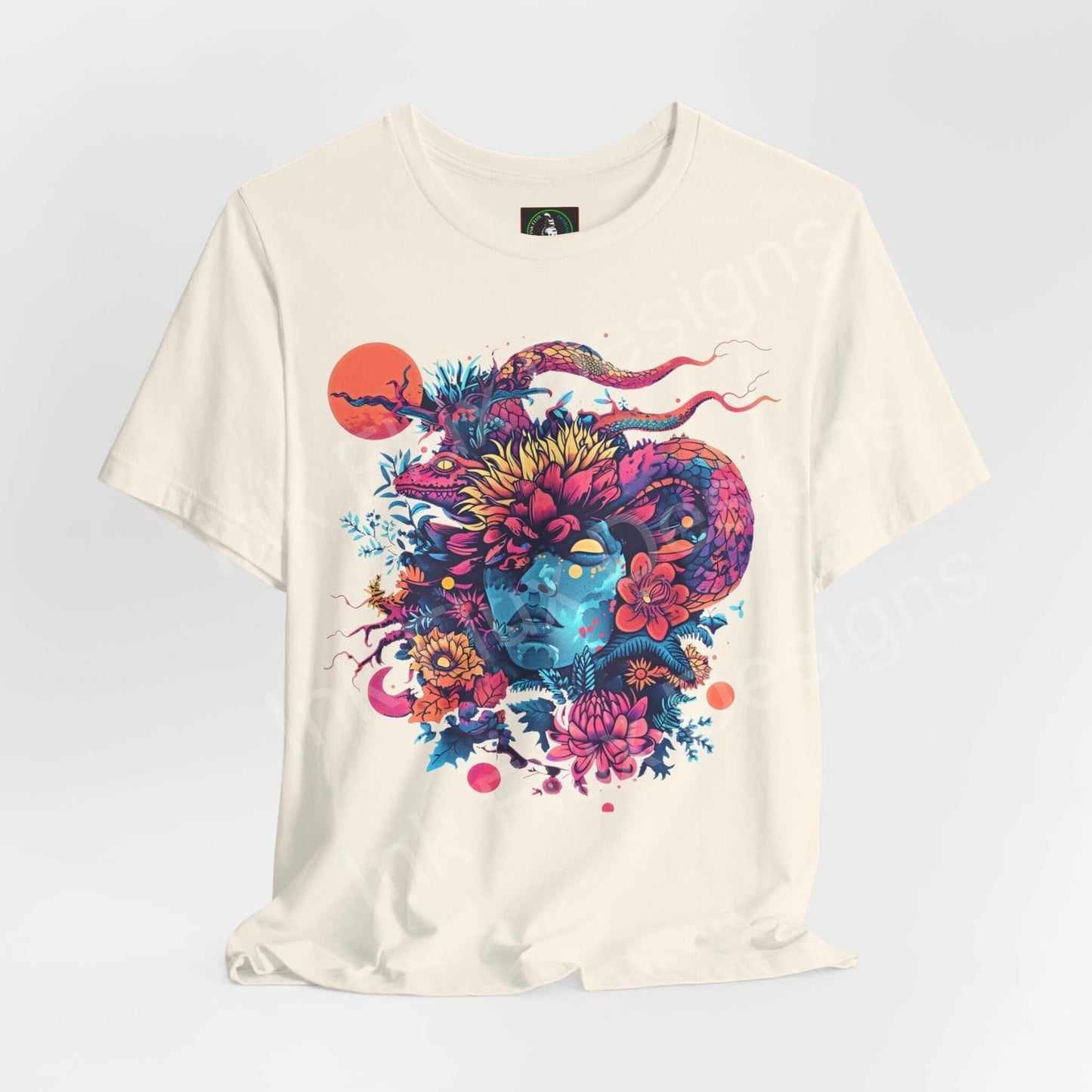 Unisex cream-colored graphic tee featuring a bold, psychedelic print with vibrant florals and mystical creatures, ideal for a trippy aesthetic.