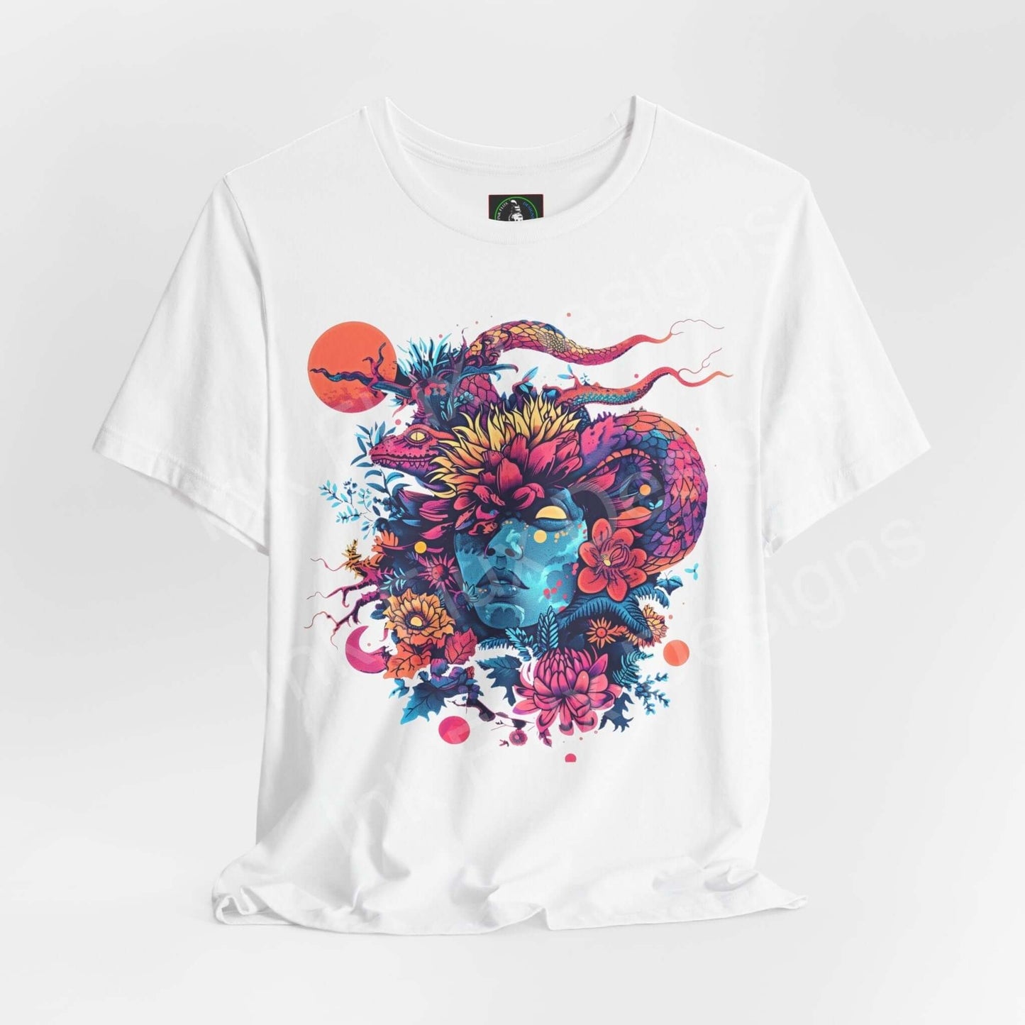 Unisex white jersey T-shirt featuring bold, psychedelic graphic with vibrant floral and animal motifs, perfect for a trippy aesthetic.