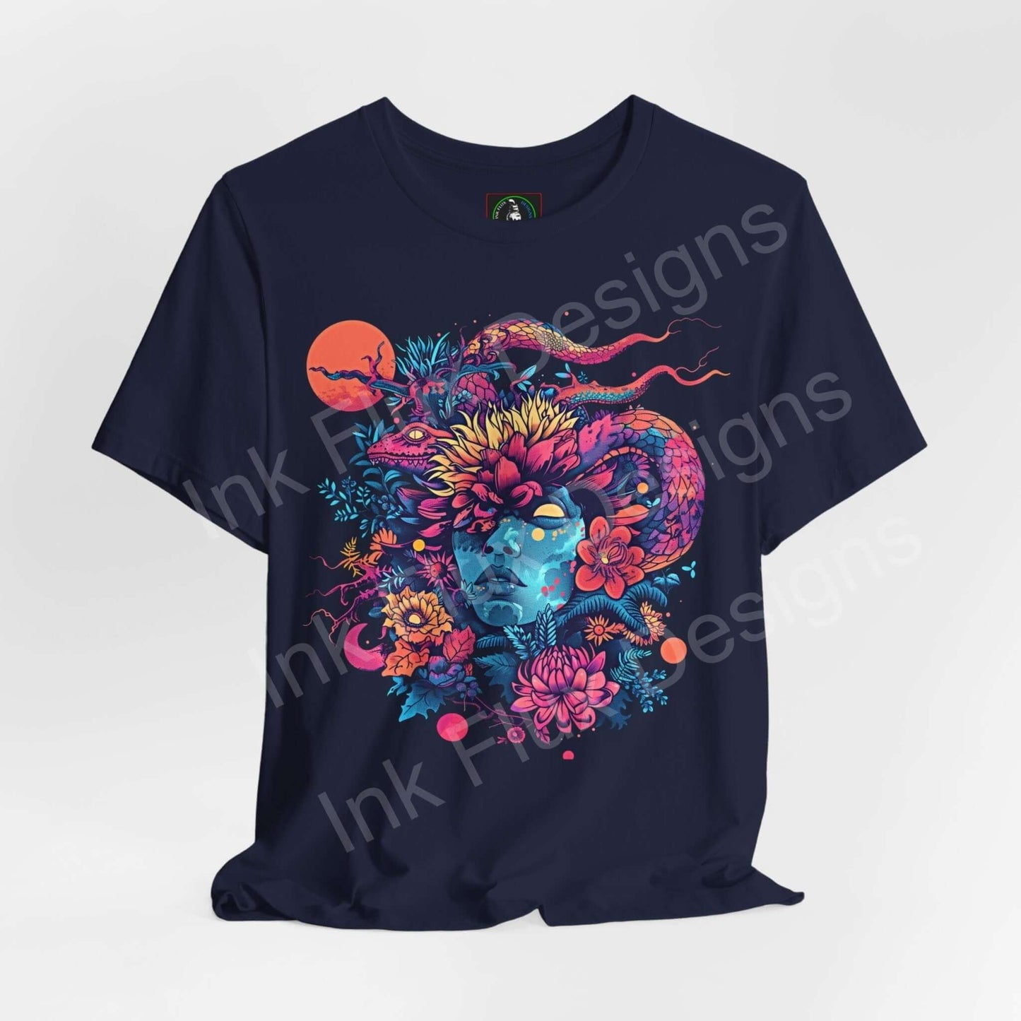 Unisex navy blue jersey T-shirt featuring bold psychedelic graphics with a colorful, trippy design of a mystical face and floral patterns.